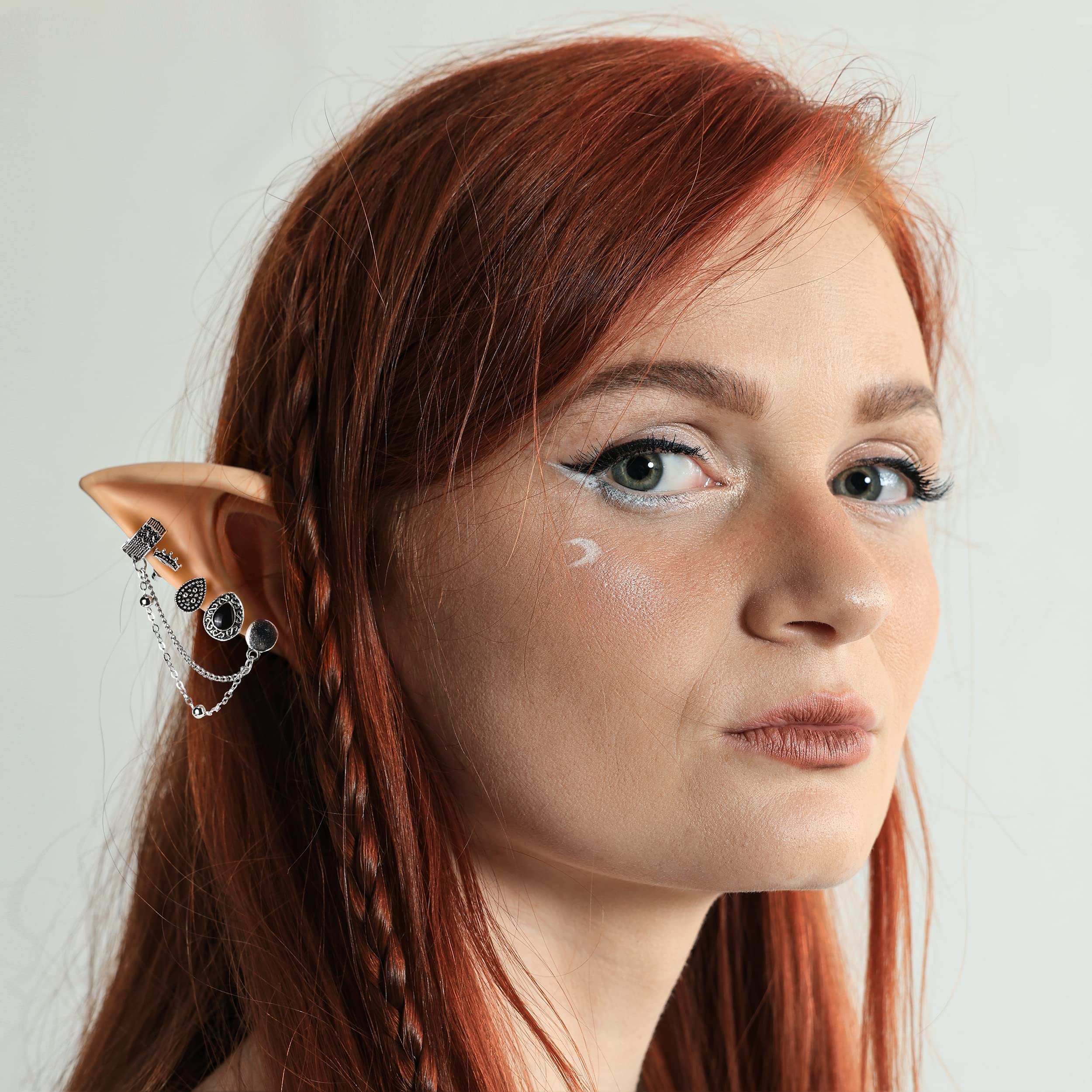 FRESHME Elf Ears with Piercing Cuff Earrings Set - Soft Cosplay Fairy Pixie Ears with Vintage Chain Earring Clips Christmas Rena