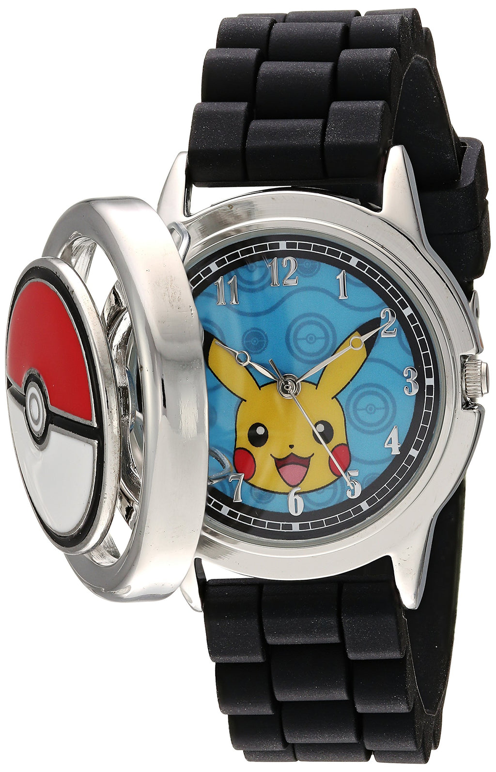 Accutime Pokemon Pikachu Pok   Ball Spinner Watch, Blue Face, Black Silicone Strap, Quartz Movement, Fun Gift for All Ages - (PO