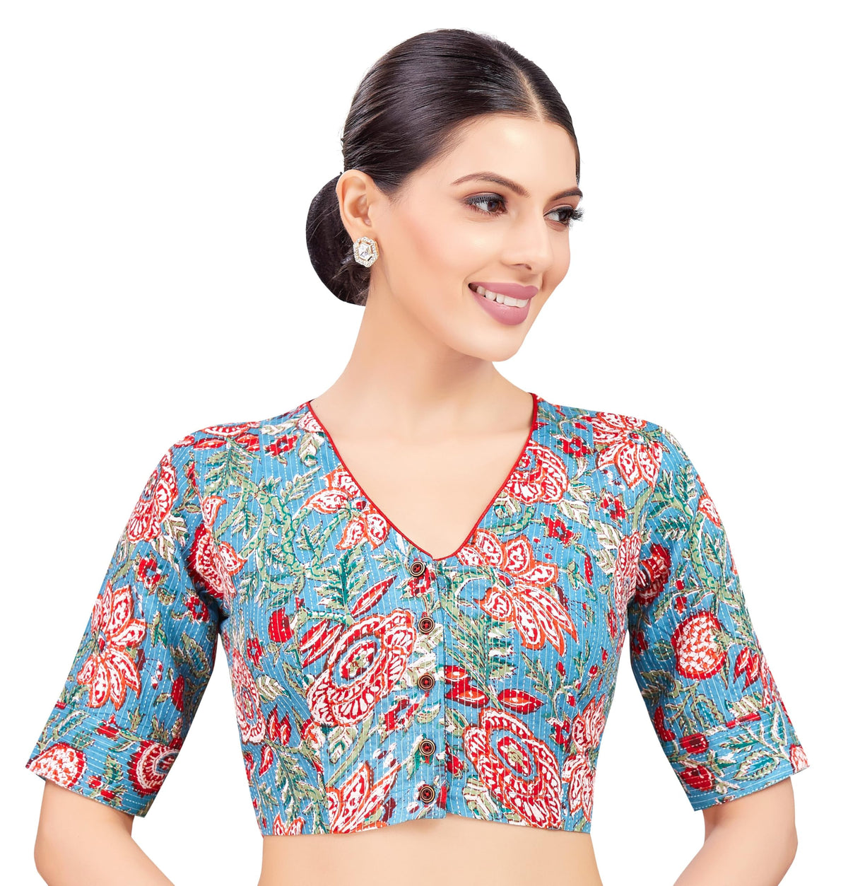 Studio Shringaar WomenS Blue Cotton Floral Printed Saree Blouse With Elbow Length Sleeves (Blue, 38) 38