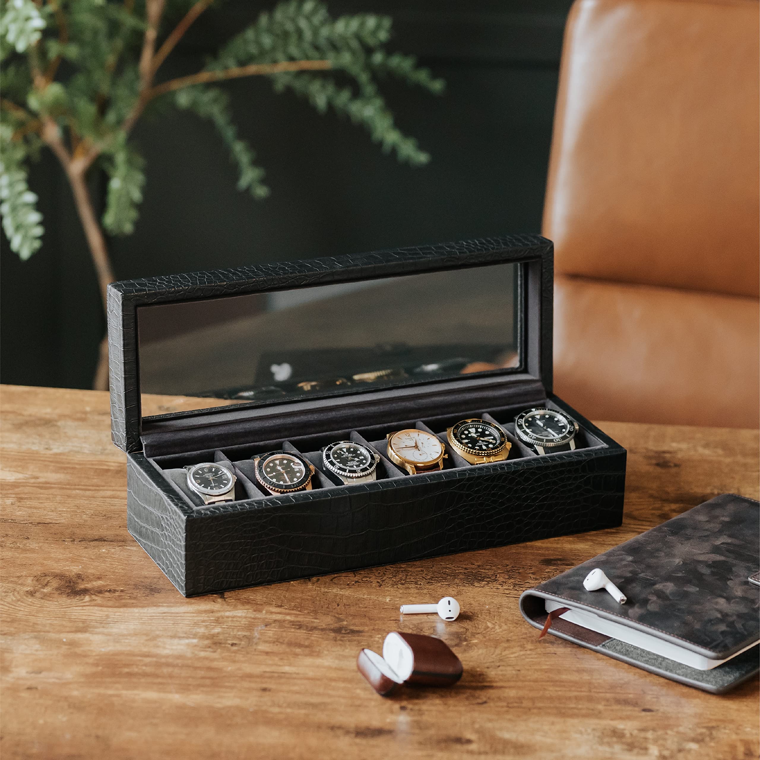 CASE ELEGANCE Crocodile Texture Faux Leather Watch Box Men/Women Watch Storage Box Organizer with Glass Lid 6 Compartments