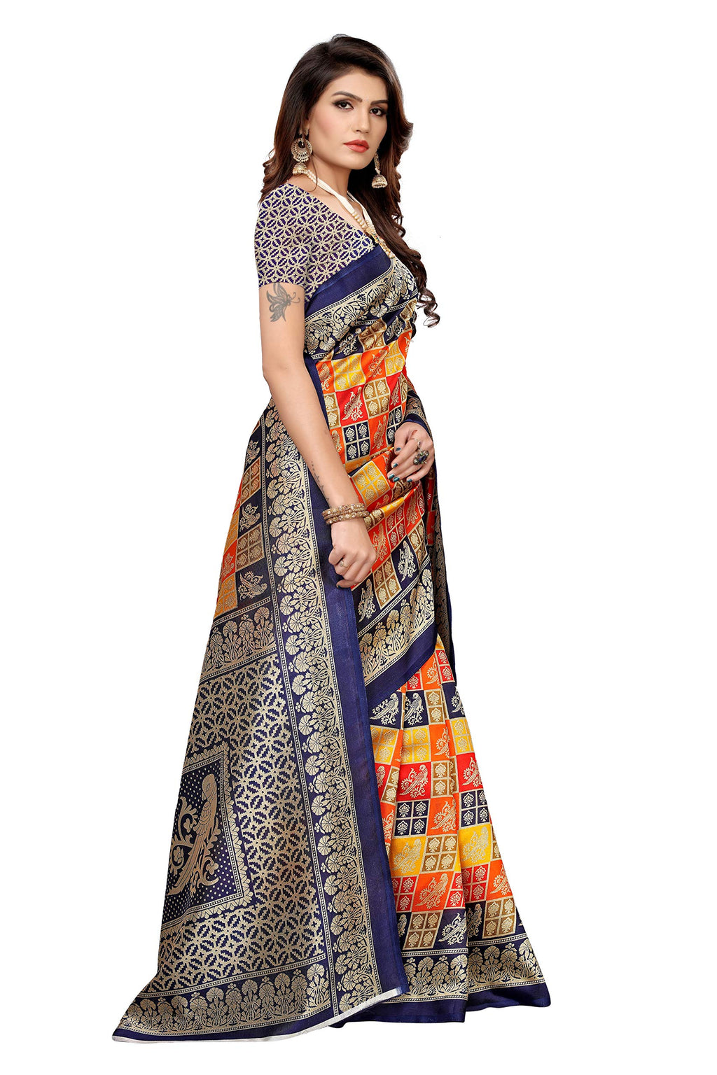 ANNI DESIGNER Womens Navy Blue Color Art Silk Saree With Blouse