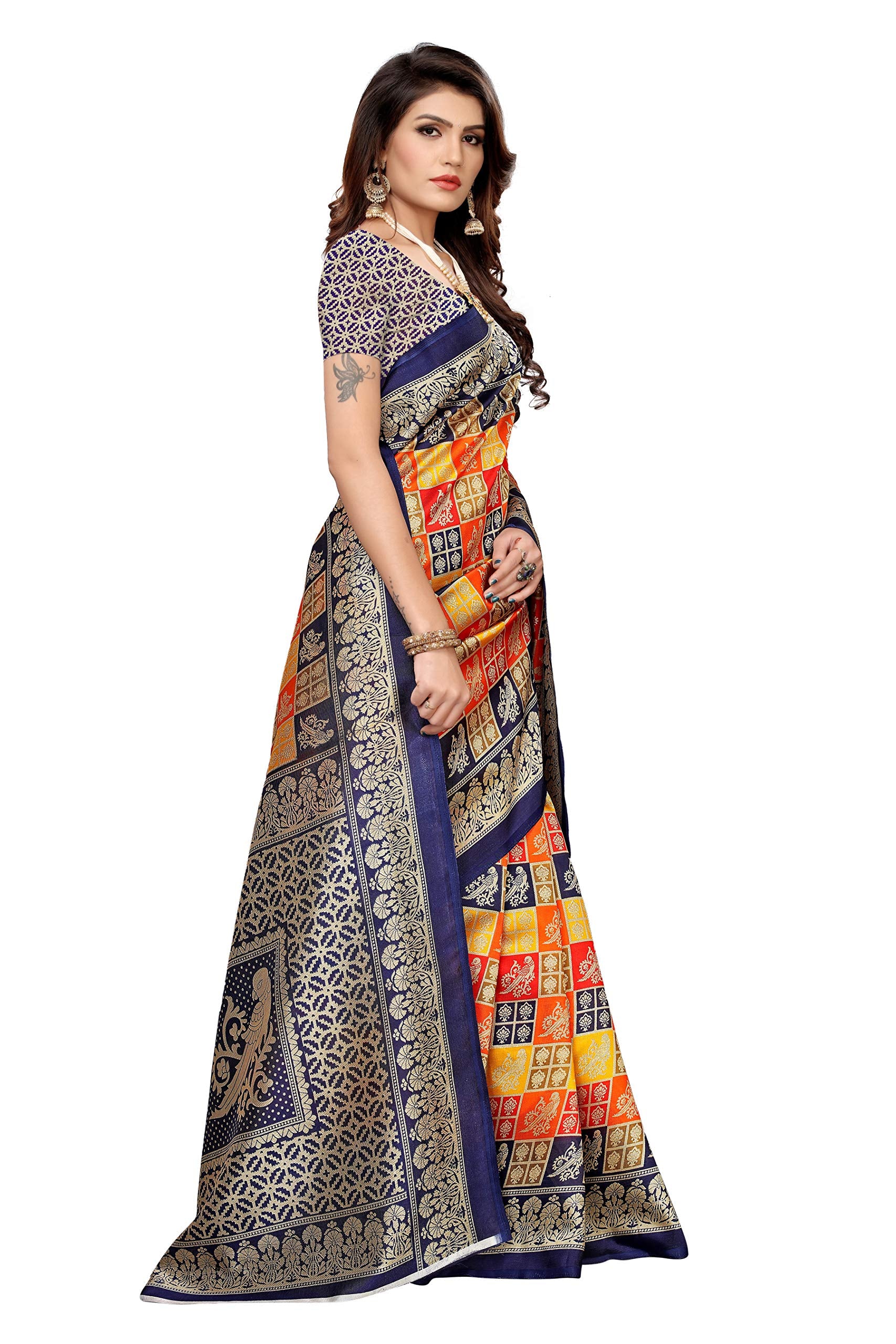 ANNI DESIGNER Womens Navy Blue Color Art Silk Saree With Blouse