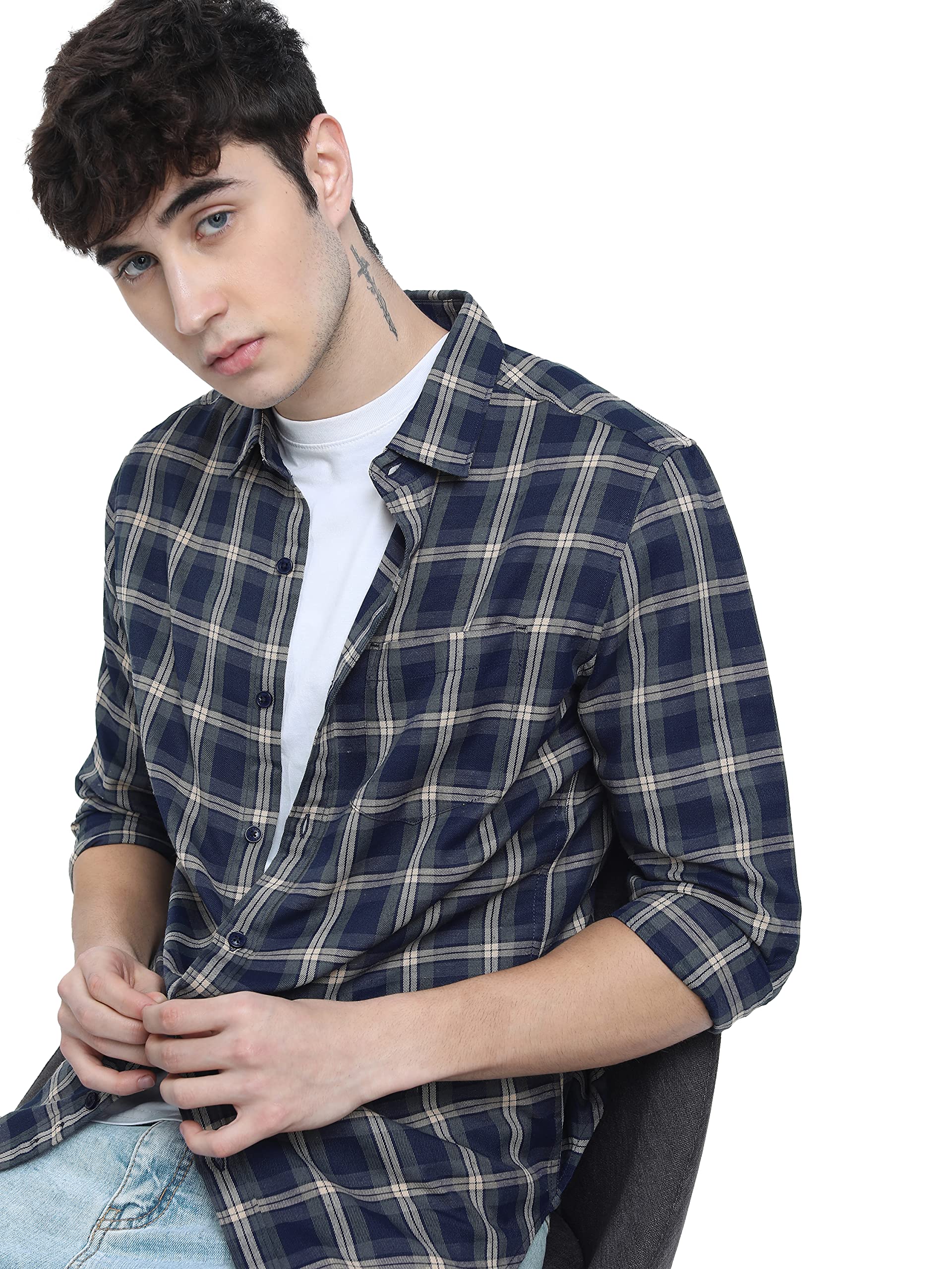Ketch Polyester MenS Letter Print Straight Fit Regular Shirt (Khsh000532_Navy/Beige Medium)