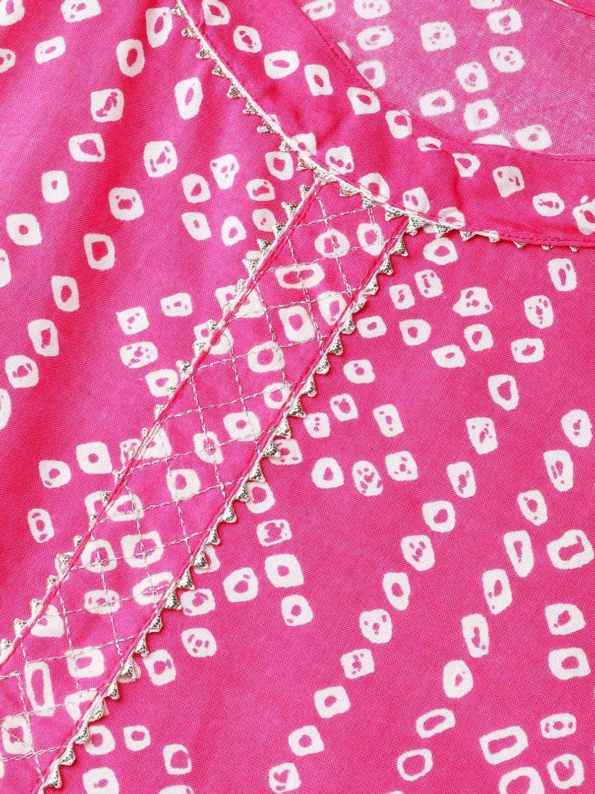 Ishin Women'S Pure Cotton Pink &Off White Printed & Gotta Patti A-Line Kurta Suit Set With Dupatta & Skirt