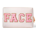 Y1tvei Preppy Patch FACE Letter Cosmetic Toiletry Bag PU Leather Portable Makeup Bag Sewn with Chenille Varsity Letter Patches W