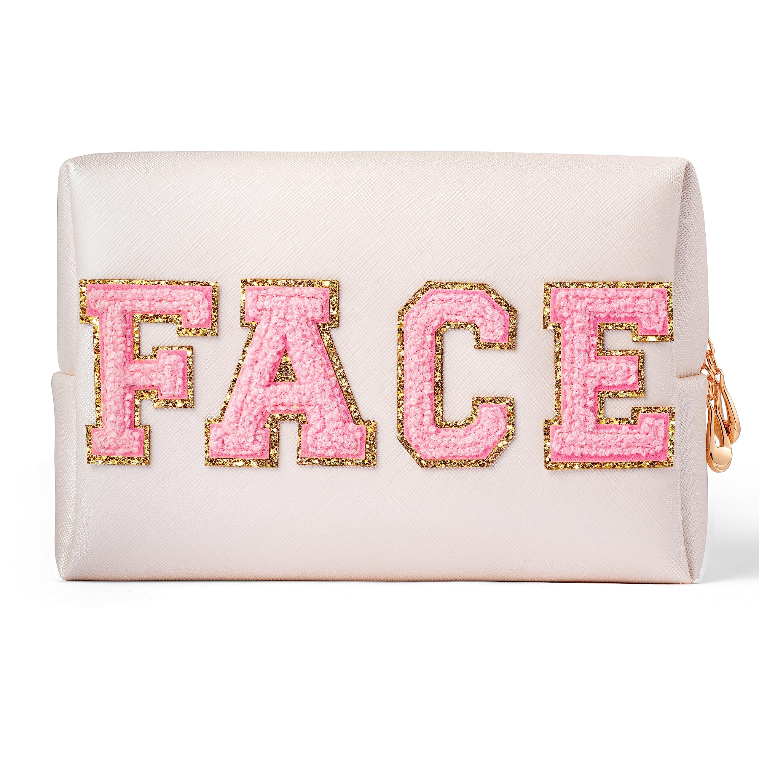 Y1tvei Preppy Patch FACE Letter Cosmetic Toiletry Bag PU Leather Portable Makeup Bag Sewn with Chenille Varsity Letter Patches W