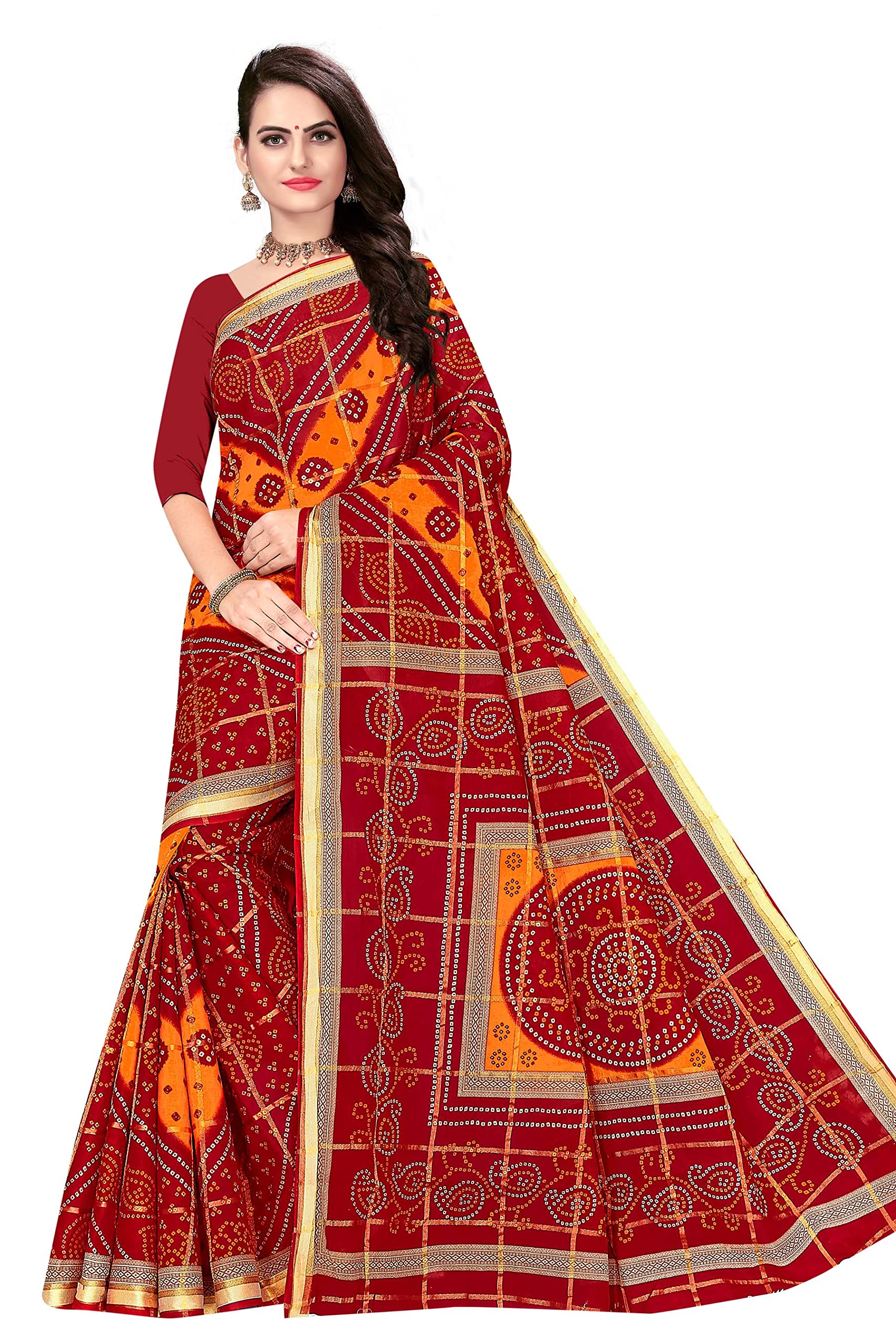 TAMAIRA FASHION Womens Pure Cotton Bandhani Saree Without Blouse Piece(2441_Red)