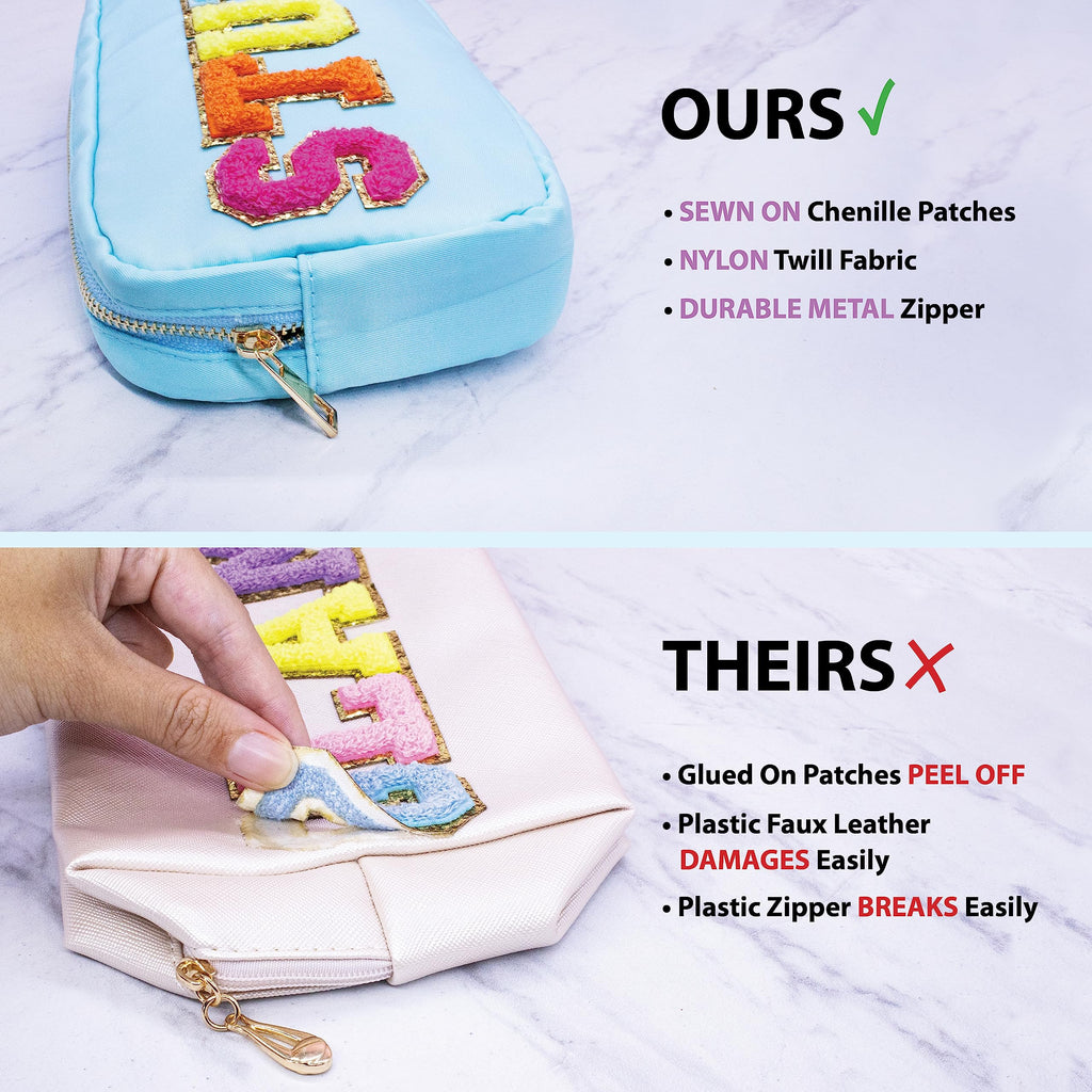 Fablinks Preppy Pouch, Chenille Varsity Letter Stuff Bag, Aqua Nylon Skin Care Patch Bags Organizer, Travel Make Up Skincare Cos