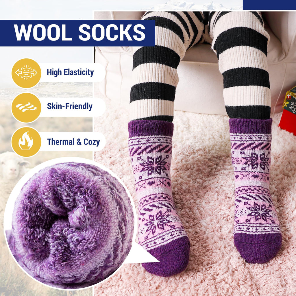 Eocom 6 Pairs Children's Winter Warm Wool Socks Kids Toddlers Boys Girls Thermal Thick Boot Cozy Crew Socks (8-12 Years, Snowfla