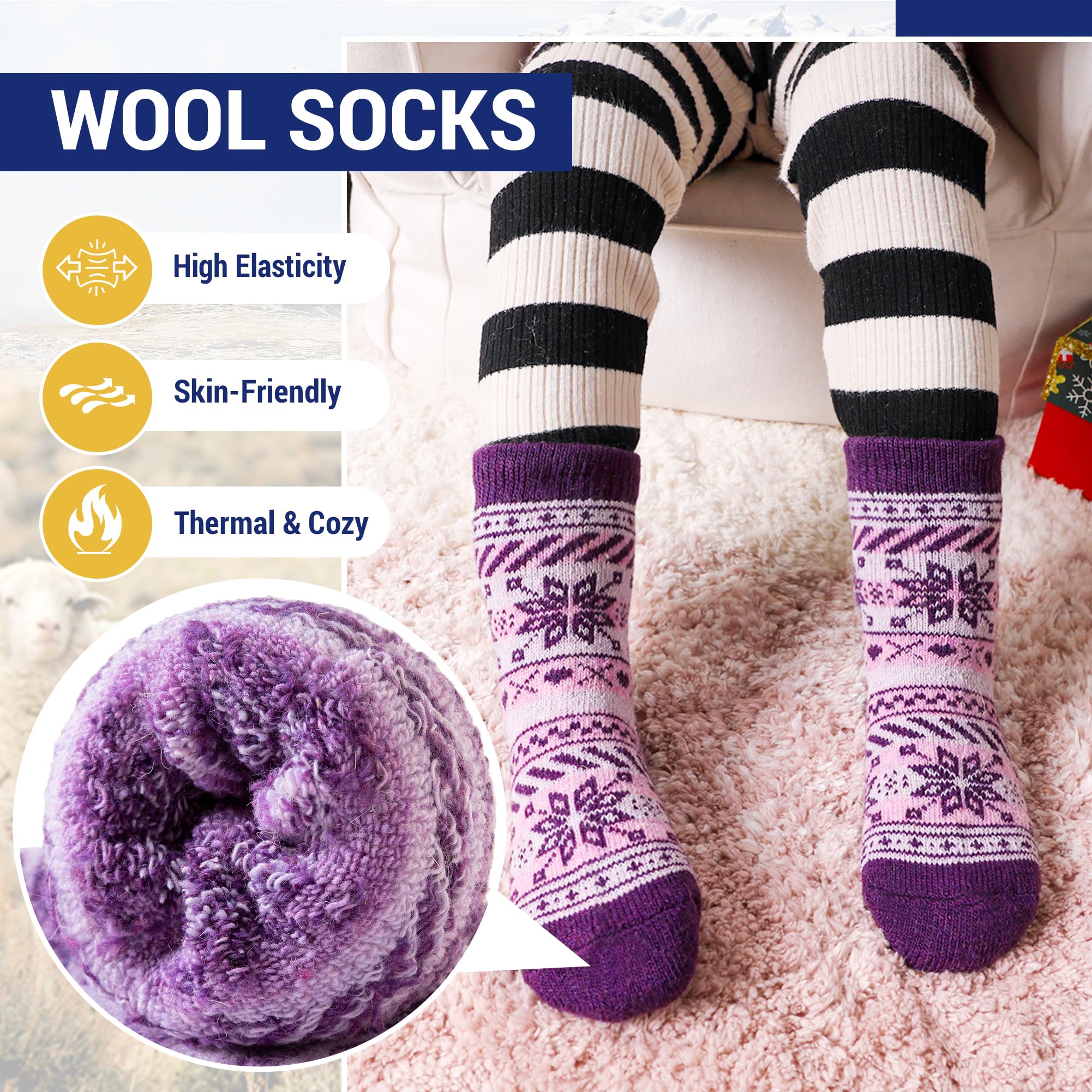 Eocom 6 Pairs Children's Winter Warm Wool Socks Kids Toddlers Boys Girls Thermal Thick Boot Cozy Crew Socks (8-12 Years, Snowfla