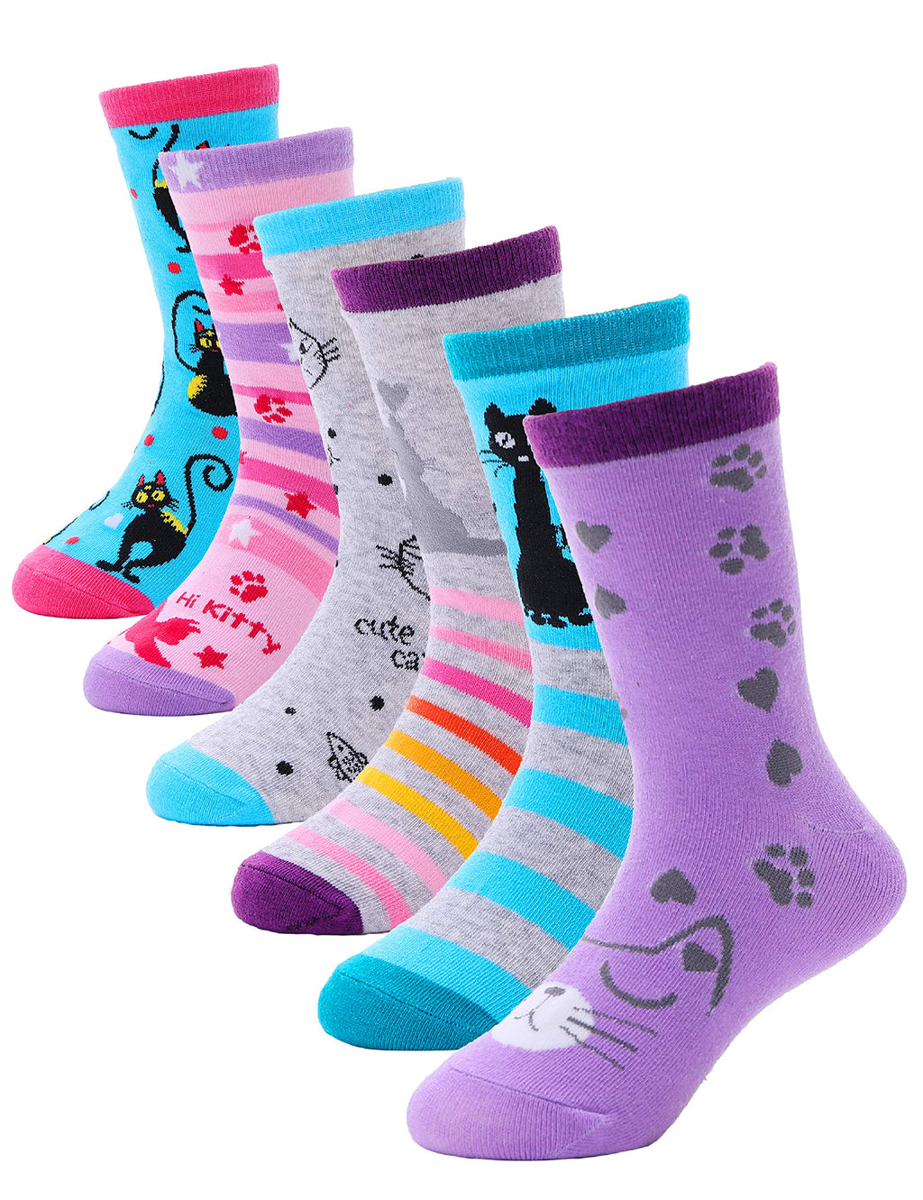 Girls Fashion Cotton Crew Cute Cat Shorty Socks 6 Pack (Cat, 9-14 Years Old)