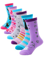 Girls Fashion Cotton Crew Cute Cat Shorty Socks 6 Pack (Cat, 9-14 Years Old)
