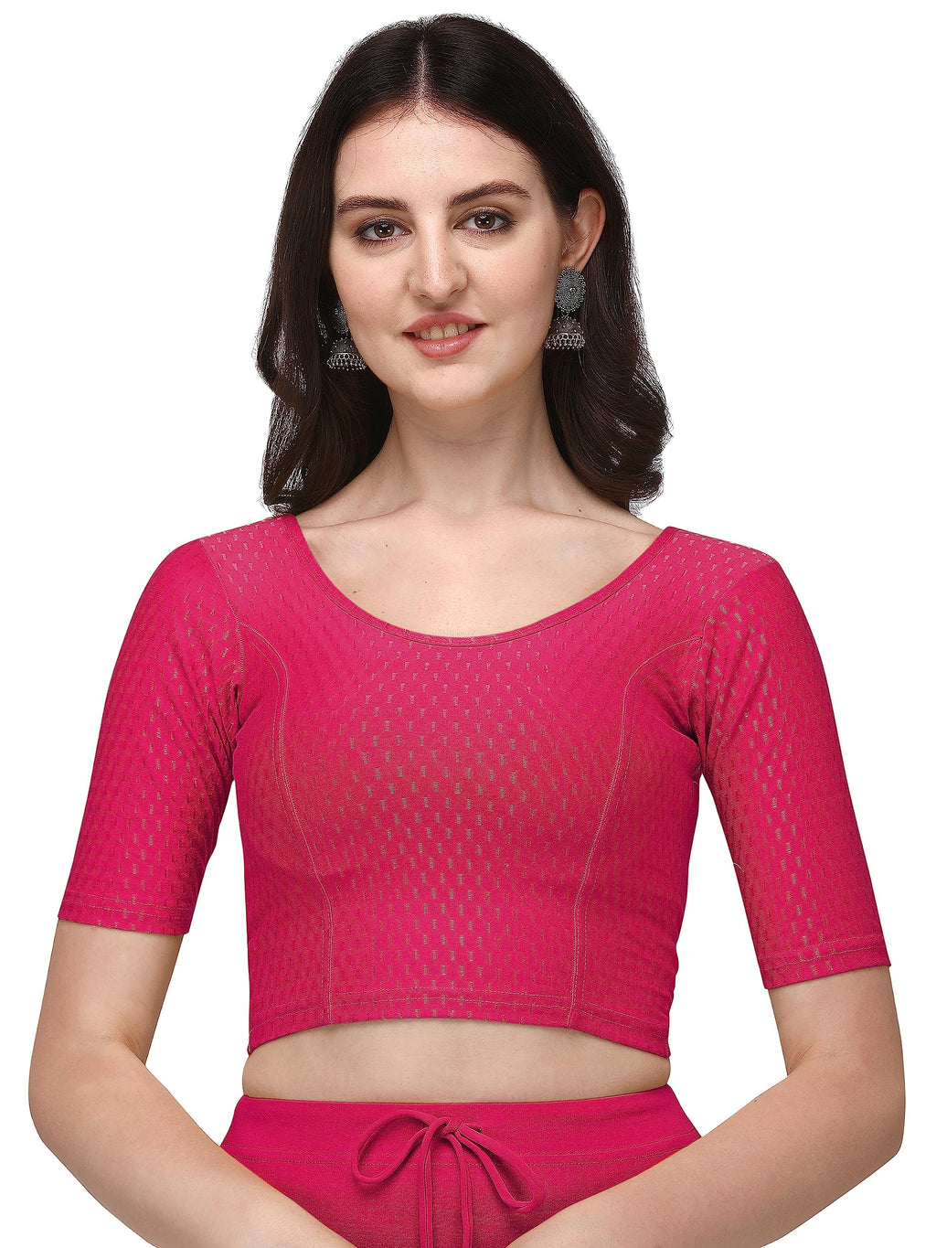 Shiv Textiles Round Neck Dobby Cotton Lycra Stretchable Elbow Sleeve Readymade Saree Blouse For Women Stylish (Pinkfree Size)