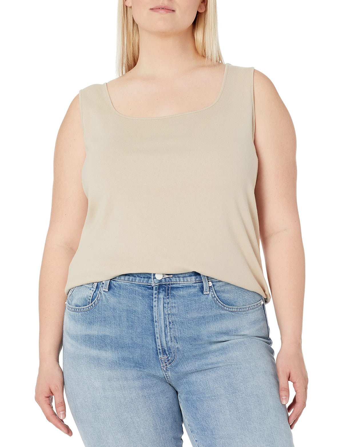 Ruby Rd. Womens PlusSize 1X1 Rib Square Neck Sleeveless Tank, Chino, 2X 2
