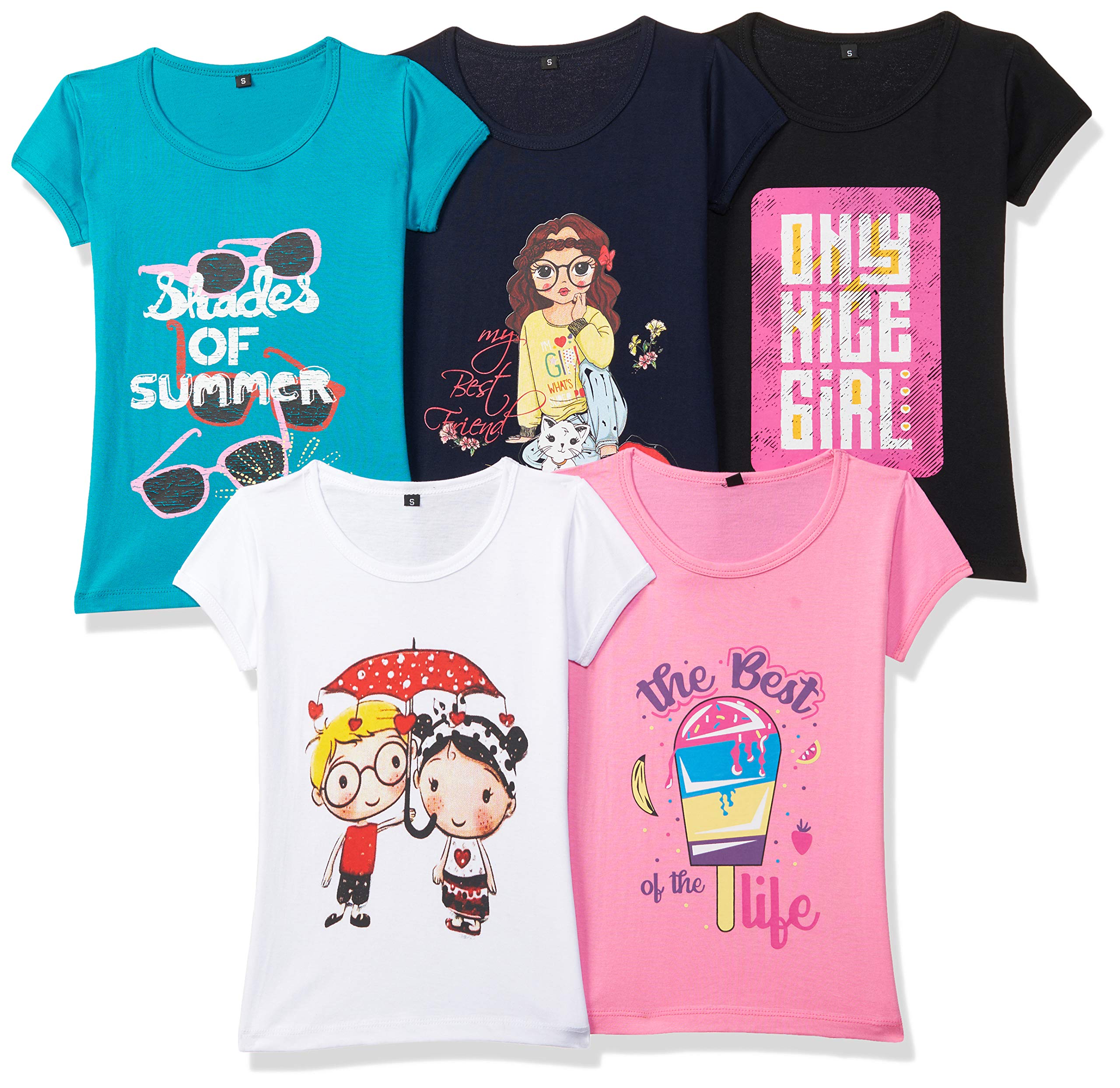 T2F Girls Cotton Regular Fit T-Shirt(Pack of 5)