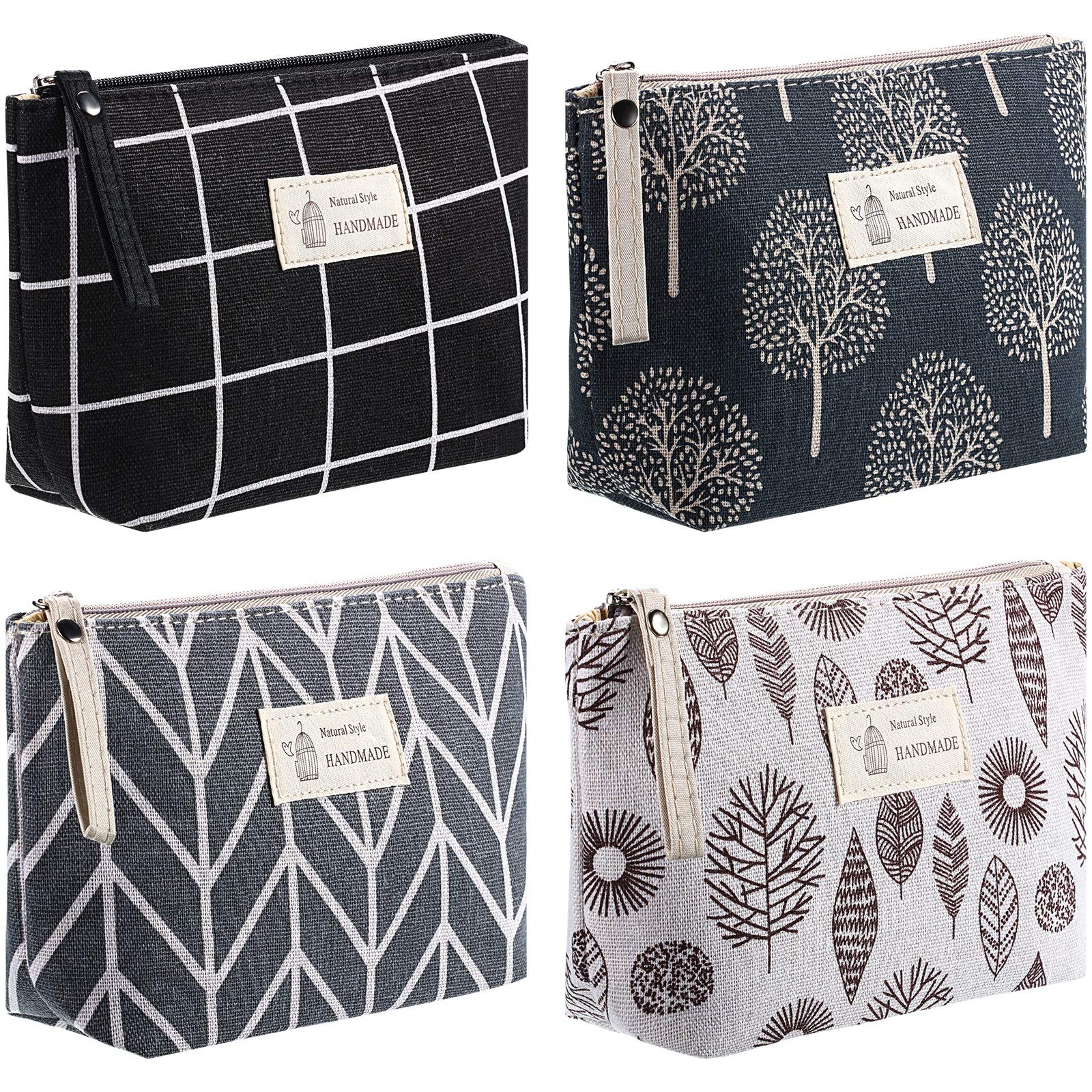 4 Pieces Canvas Cosmetic Bags Set Printed Makeup Bags with Zipper Multi-Functional Travel Pouch for Women Girls Vacation Travel
