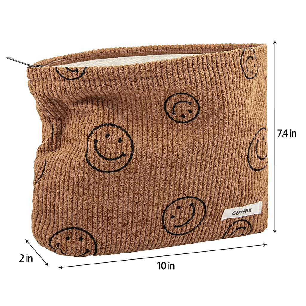 GUTGNK Makeup bag for Women, Corduroy Cosmetic Bag Aesthetic Design Ladies Tote Bag,Cute Smiley Face Makeup Organizer with Zippe