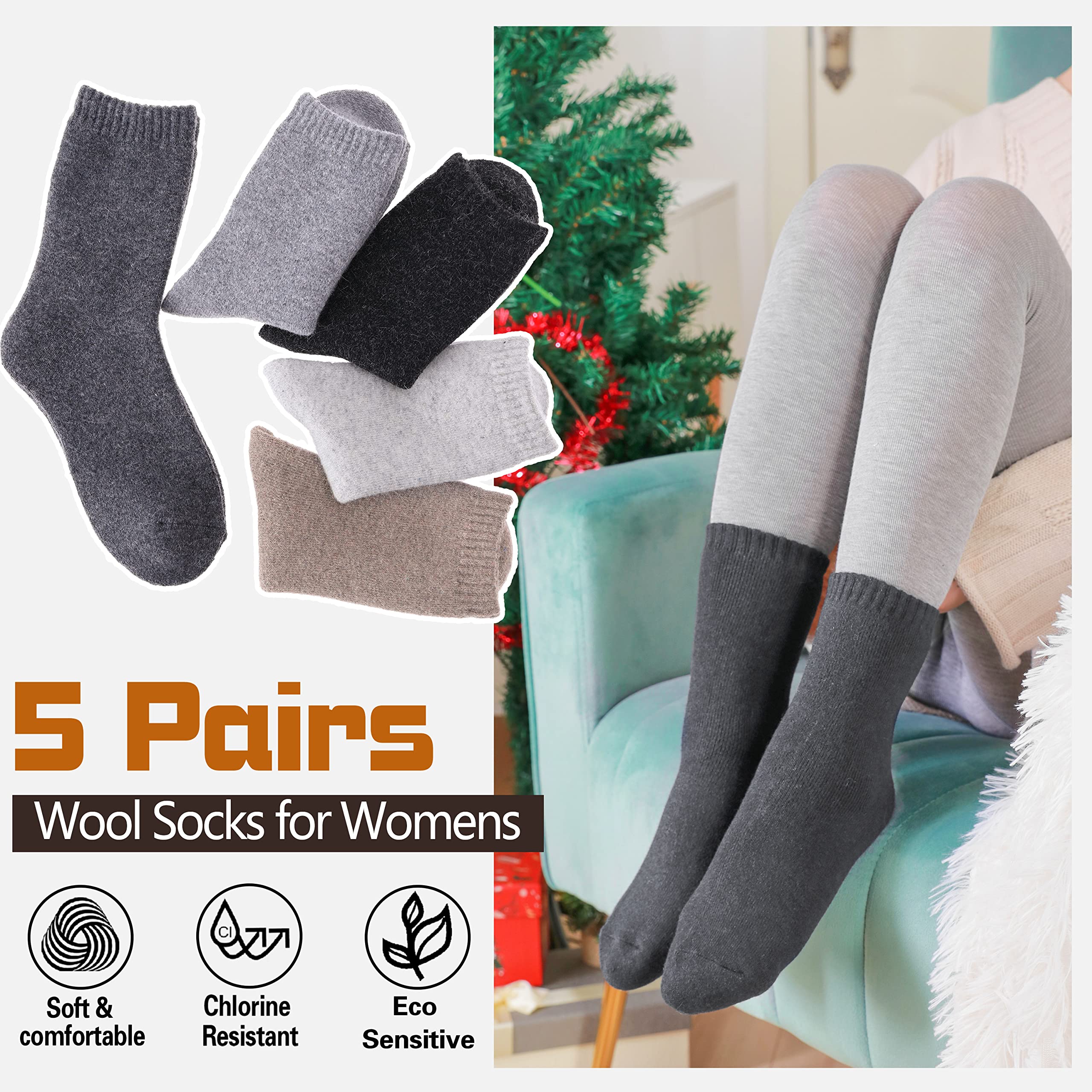 Sandsuced Wool Warm Socks for Women Winter Hiking Thick Boot Thermal Cabin Cozy Crew Work Soft Ladies Socks 5 Pack(Solid Color-E