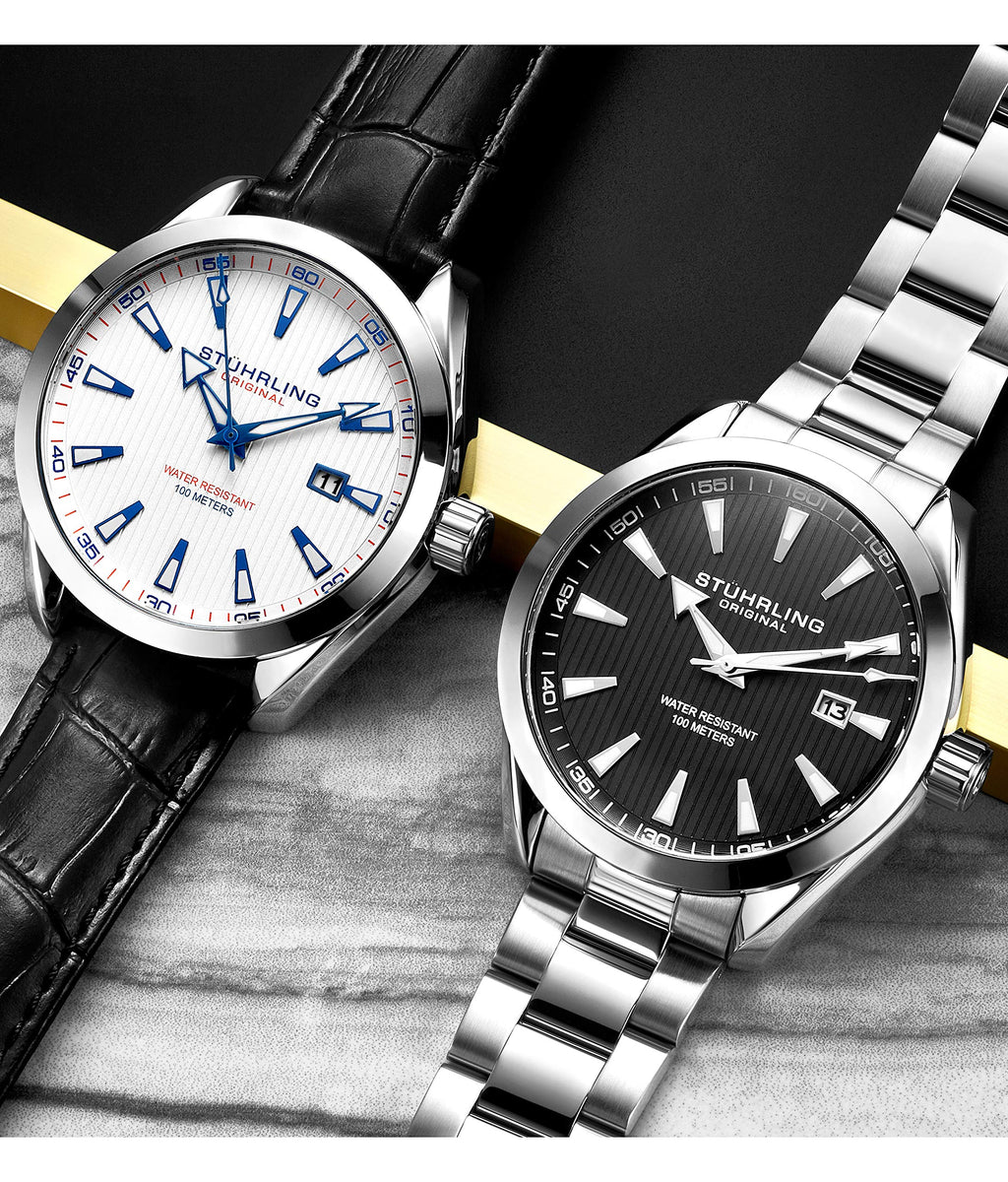 Stuhrling Original Mens Black Watch Analog Dial with Date - Stainless Steel Silver Bracelet, 3953 Mens Watches Collection