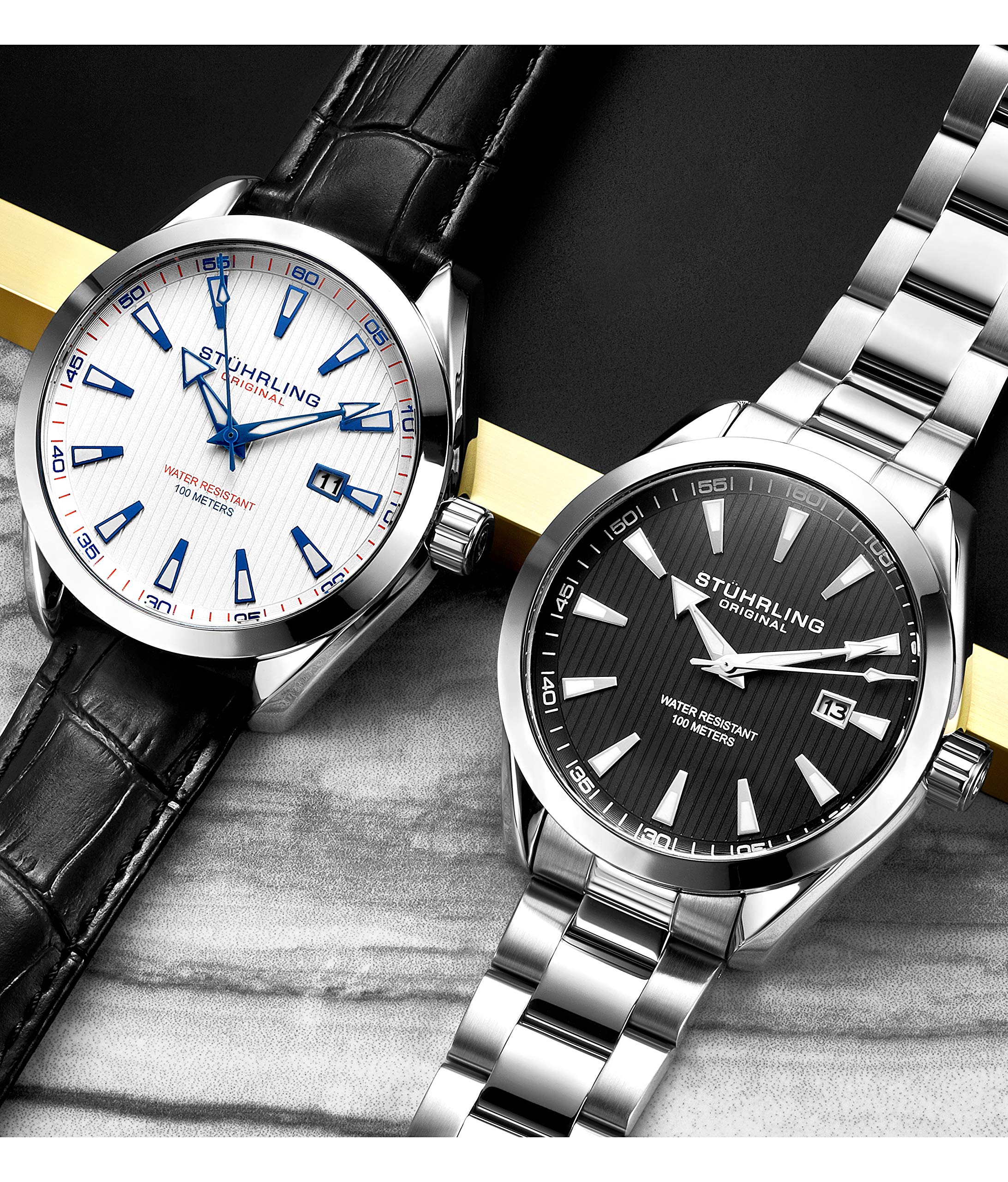 Stuhrling Original Mens Black Watch Analog Dial with Date - Stainless Steel Silver Bracelet, 3953 Mens Watches Collection