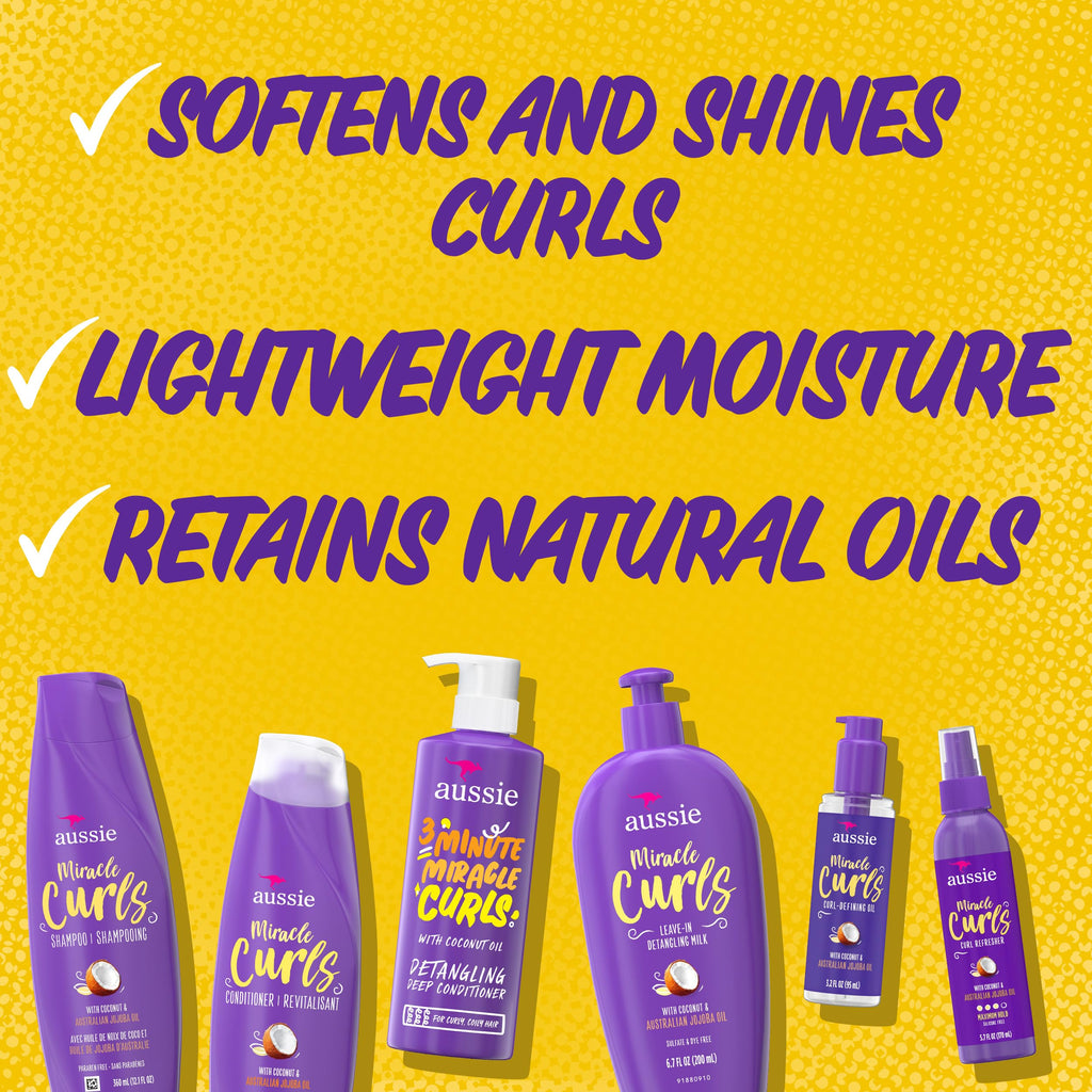 Aussie Miracle Curls Set: Shampoo, Conditioner, Deep Hydration, Spray Gel, Detangling Milk, and Oil Hair Treatment, Curl Oil, Co