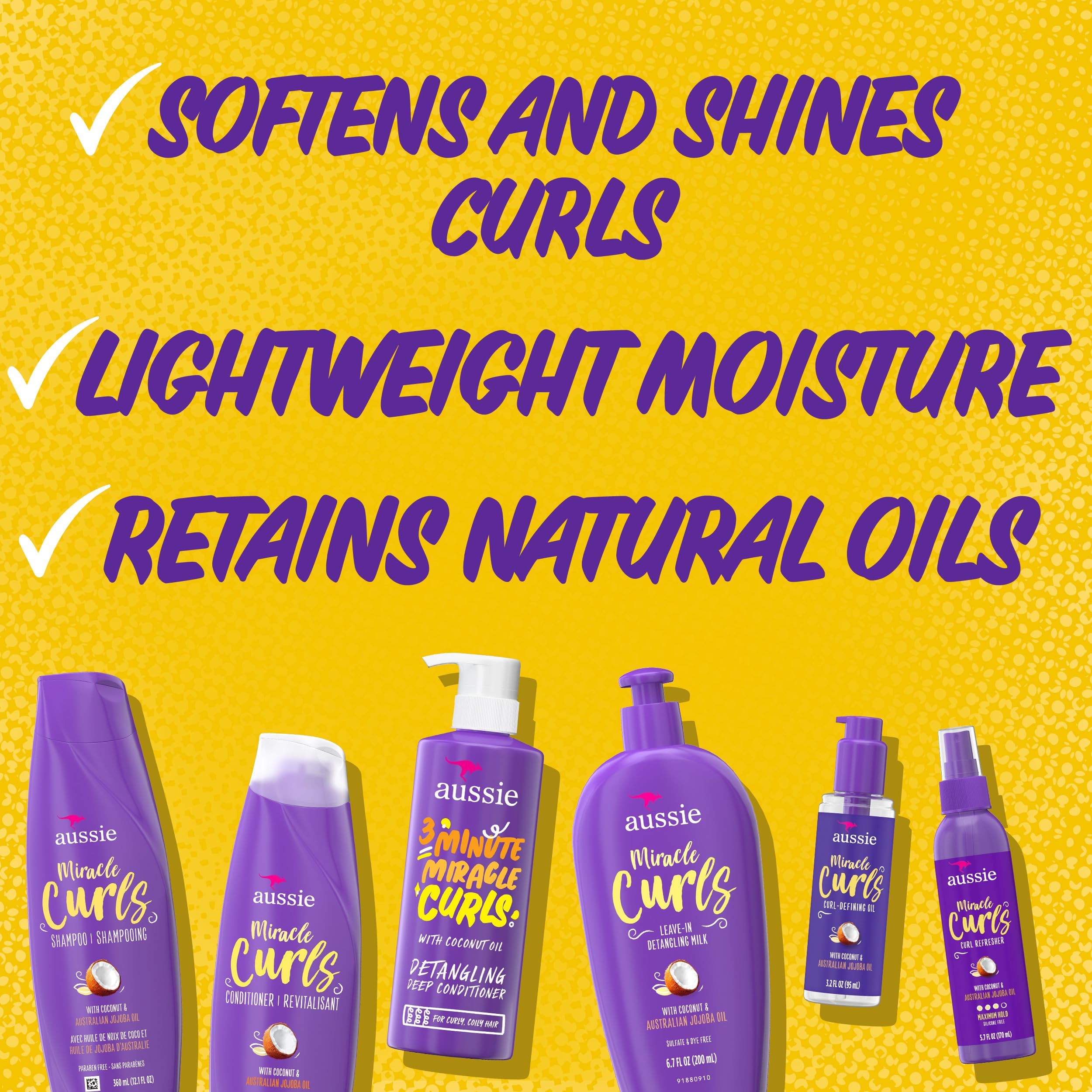 Aussie Miracle Curls Set: Shampoo, Conditioner, Deep Hydration, Spray Gel, Detangling Milk, and Oil Hair Treatment, Curl Oil, Co