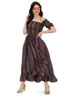 Oomph! Flared Dress For Women Stylish | Long One Piece For Women | Off Shoulder Puff Sleeve Long Dress | Floral Print Maxi One P