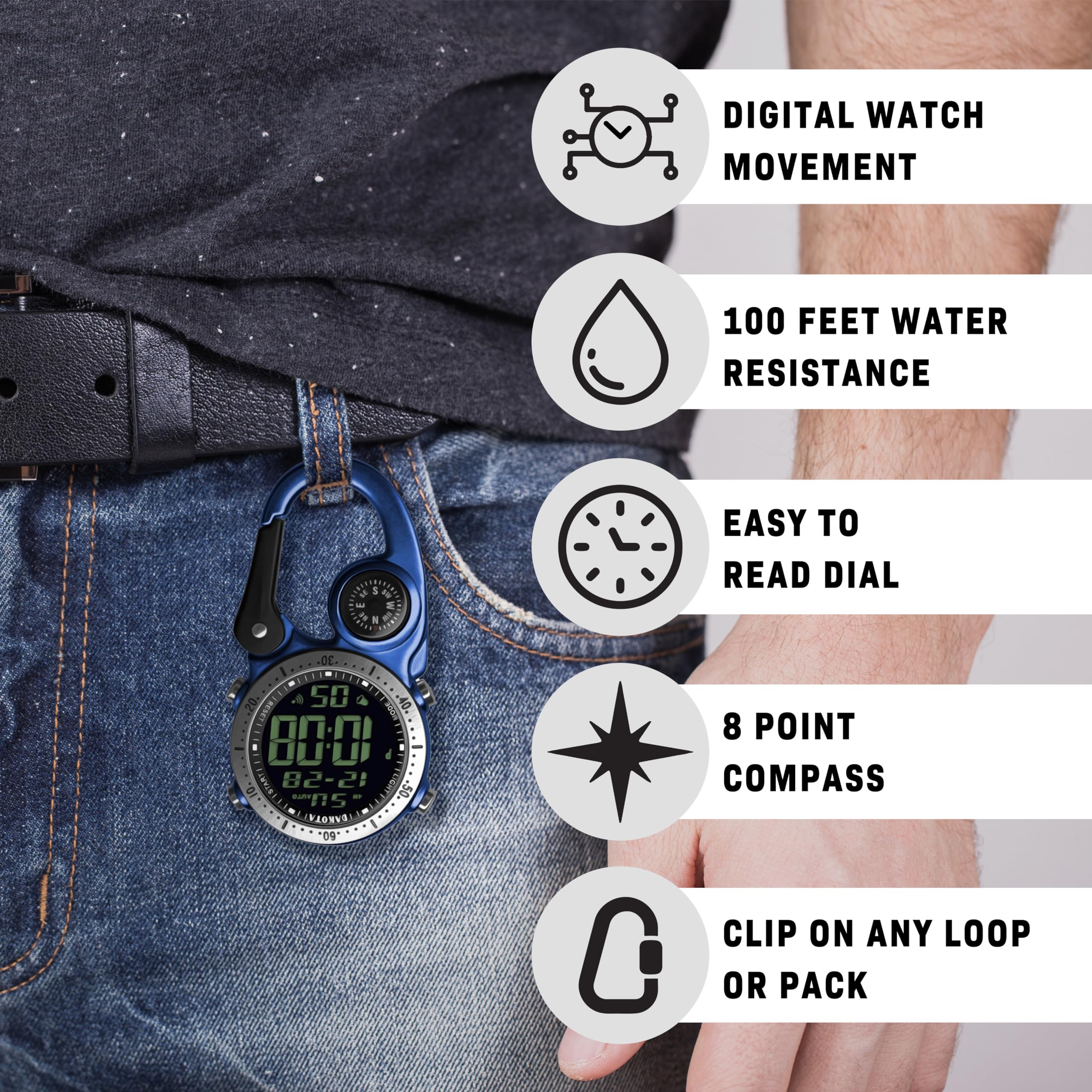 Dakota Digital Backpacker Clip Watch, Alarm, Stopwatch, Timer and Dual Time, Outdoor Gifts for Men and Women, Tactical Digital W