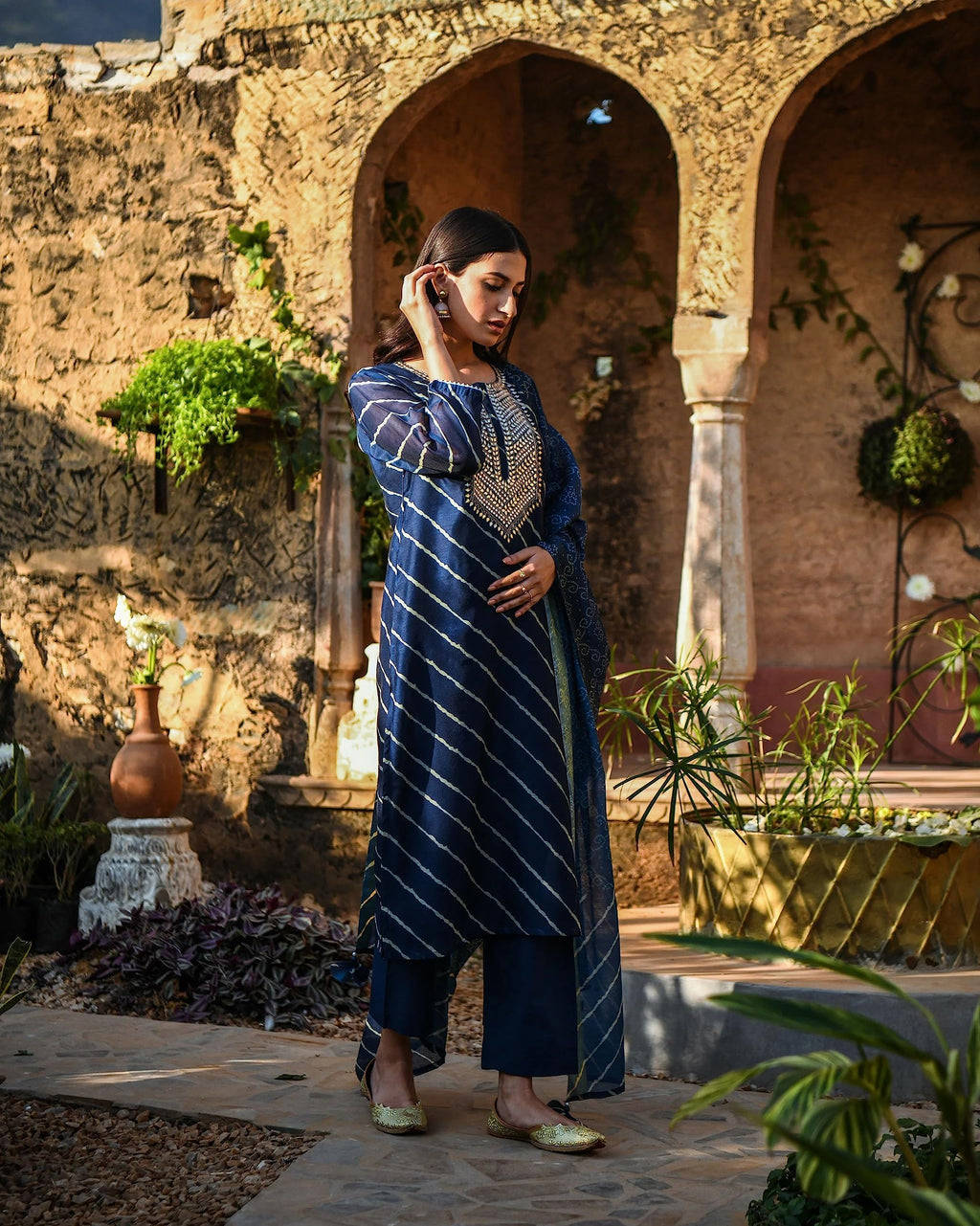 ANNI DESIGNER Womens Cotton Blend Straight Printed Kurta with Pant & Dupatta (Doremi Navy_4XL_Navy Blue_XXXX-Large)