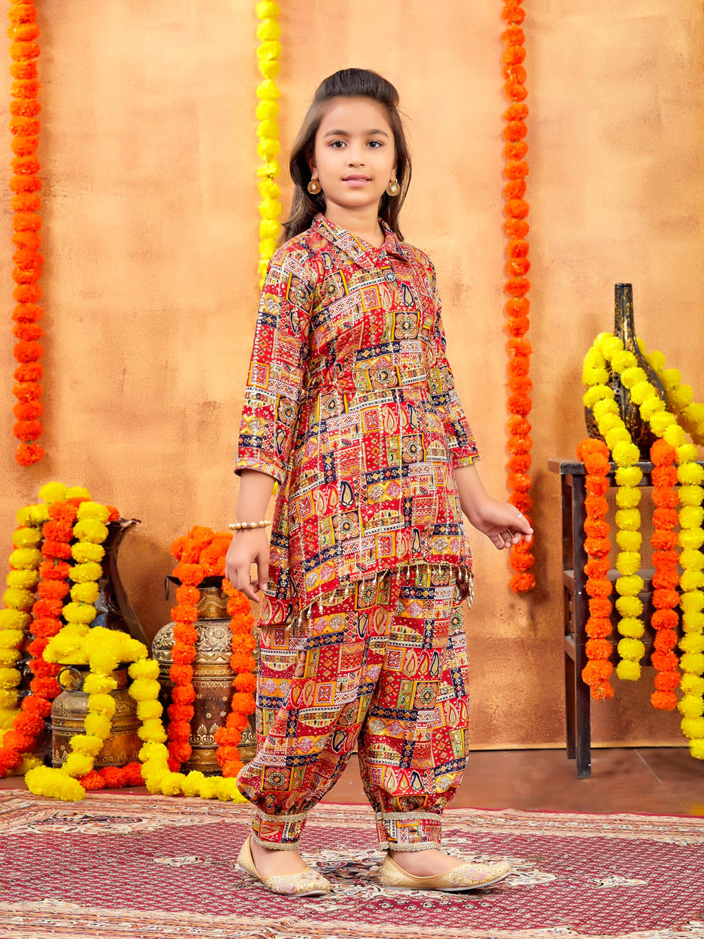 Aarika Girls Ethnic Wear Red Colour Abstract Printed Cotton Kurti Patiala Set With Belt (4-10 Years)