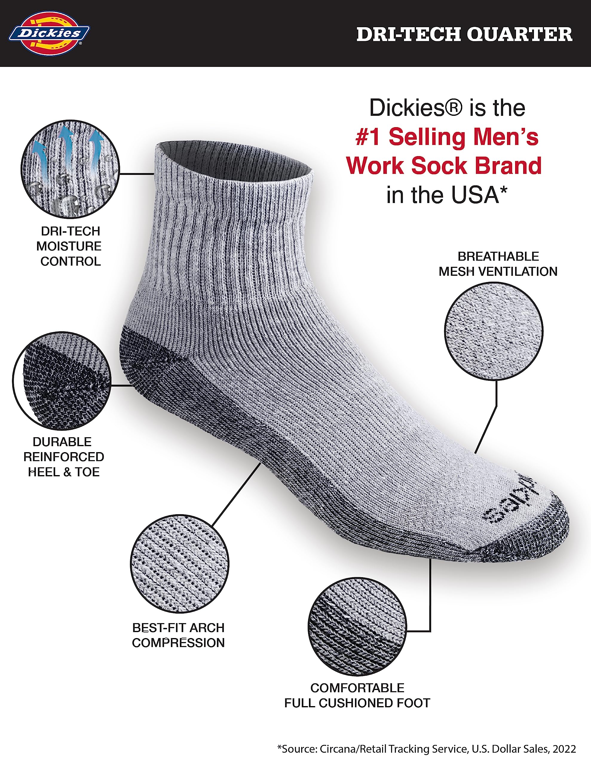 Dickies Men's Dri-Tech Moisture Control Quarter Socks, Available in M-XXL (6, 12, 18, Grey (6 Pairs), Large