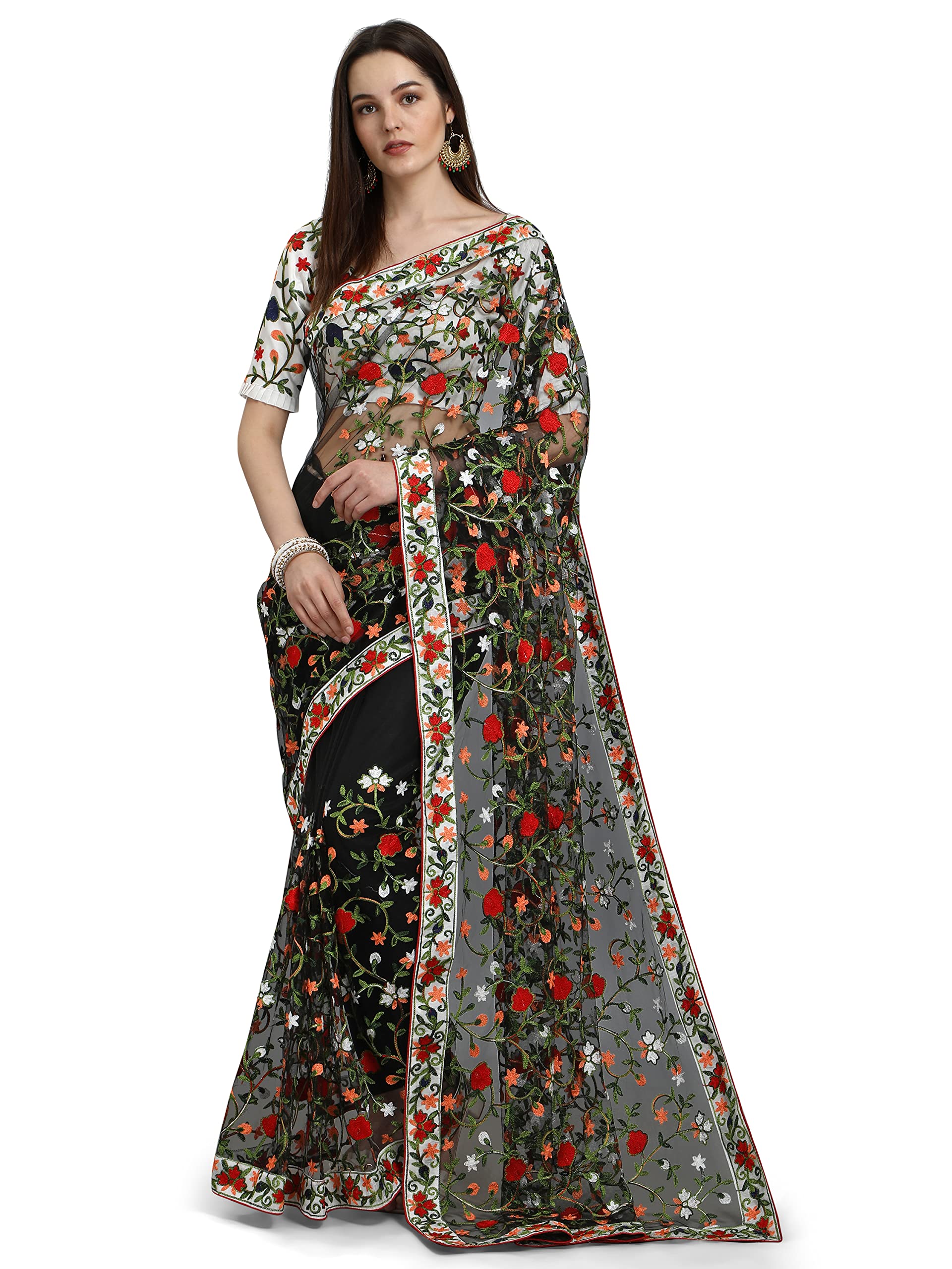 PATLANI FASHION New Bollywood BlockBuster Design Launching Net Embroidery Designer saree Black.