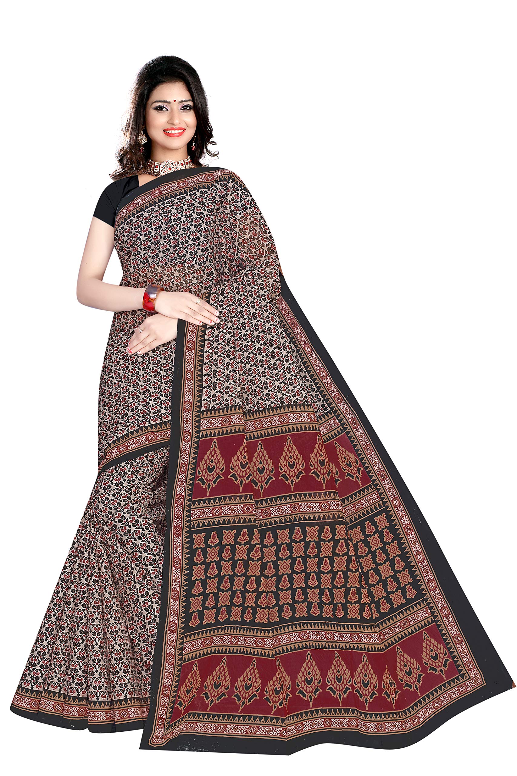 TAMAIRA FASHION Womens Plain Weave Cotton Saree Without Blouse Piece (802_Black)