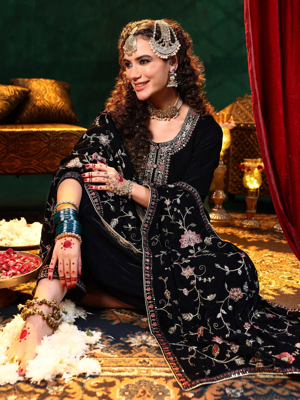 Libas Womens Yoke Design Velvet Straight Kurta With Trousers And Dupatta