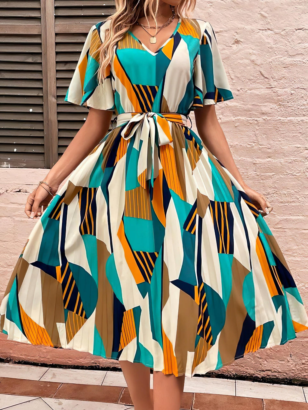 Kzully | Women A-Line Dress With Pleats, Has An V-Neck, Printed Top Comes With A Belt Yellow