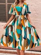 Kzully | Women A-Line Dress With Pleats, Has An V-Neck, Printed Top Comes With A Belt Yellow
