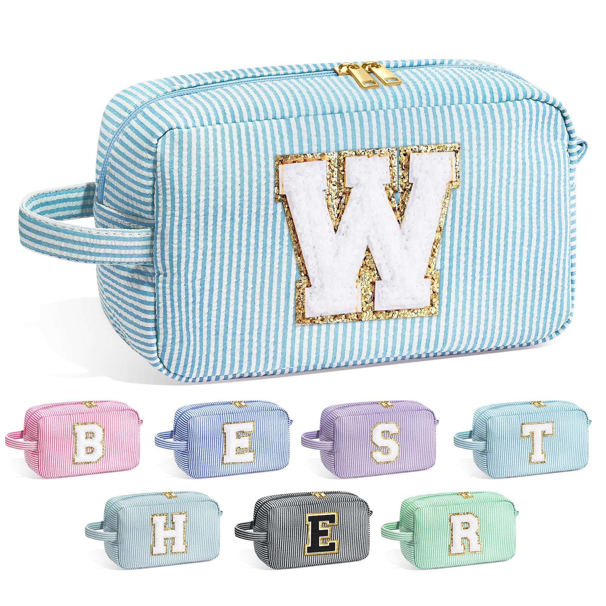 YOOLIFE Travel Makeup Bag for Women - Personalized Monogram Initial Blue Makeup Bags Cosmetic Toiletry Bag Pouch Make Up Case fo