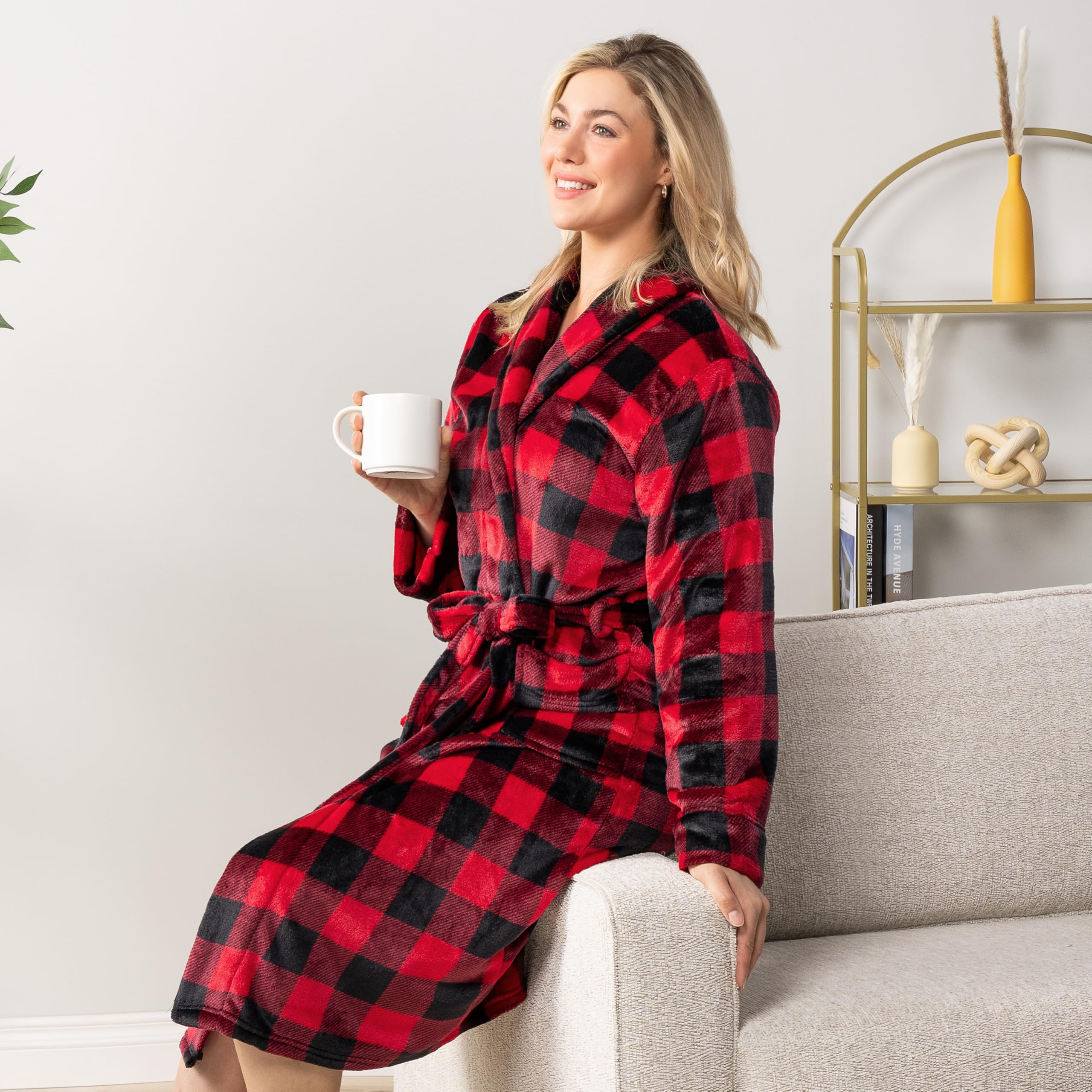 PAVILIA Plush Robe For Women | Buffalo Plaid Red Black Fluffy Soft Bathrobe | Luxurious Fuzzy Warm Spa Robe, Cozy Fleece Long Ro