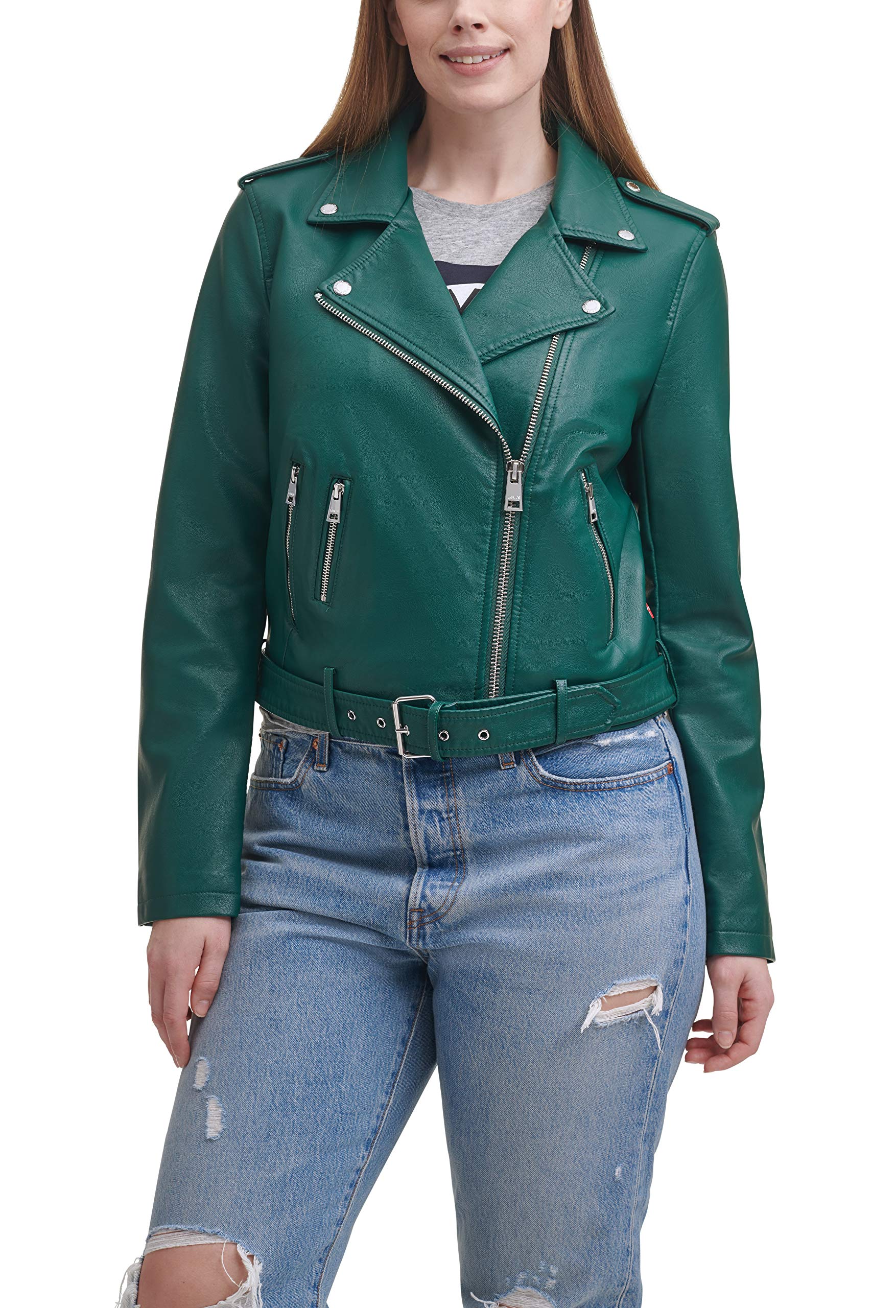 Levi's Women's Faux Leather Belted Motorcycle Jacket (Standard and Plus Sizes), Forest Biome, 1X