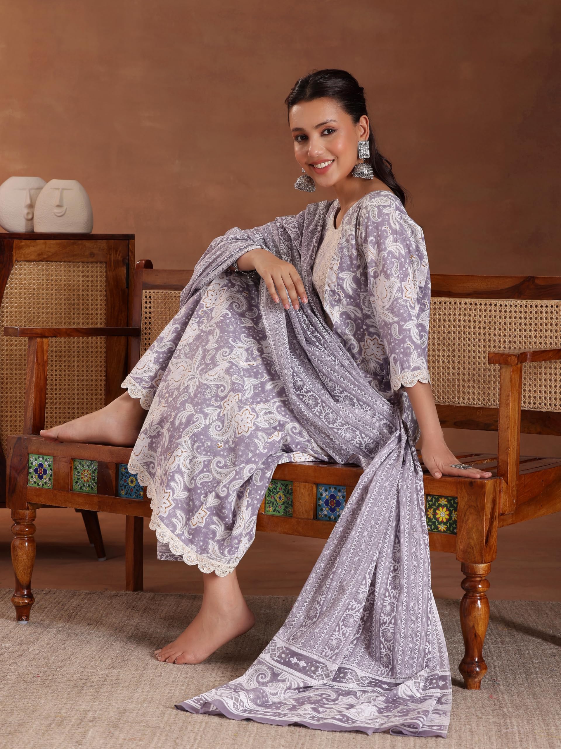 Libas Mauve Pure Cotton Printed Kurta Sets For Women