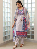 Libas Womens Printed Linen Straight Kurta With Trousers And Dupatta