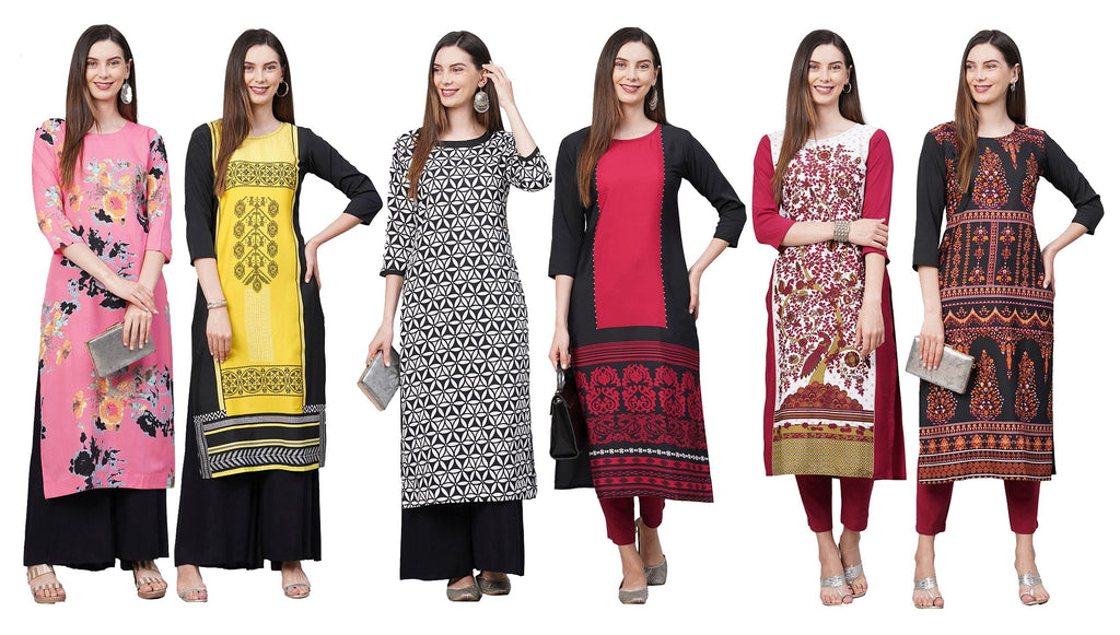 ANNI DESIGNER Women's Crepe Straight Printed Kurta Pack of 6 (Crepe Combo-6_99_M_Newly_Multicolor_Medium)