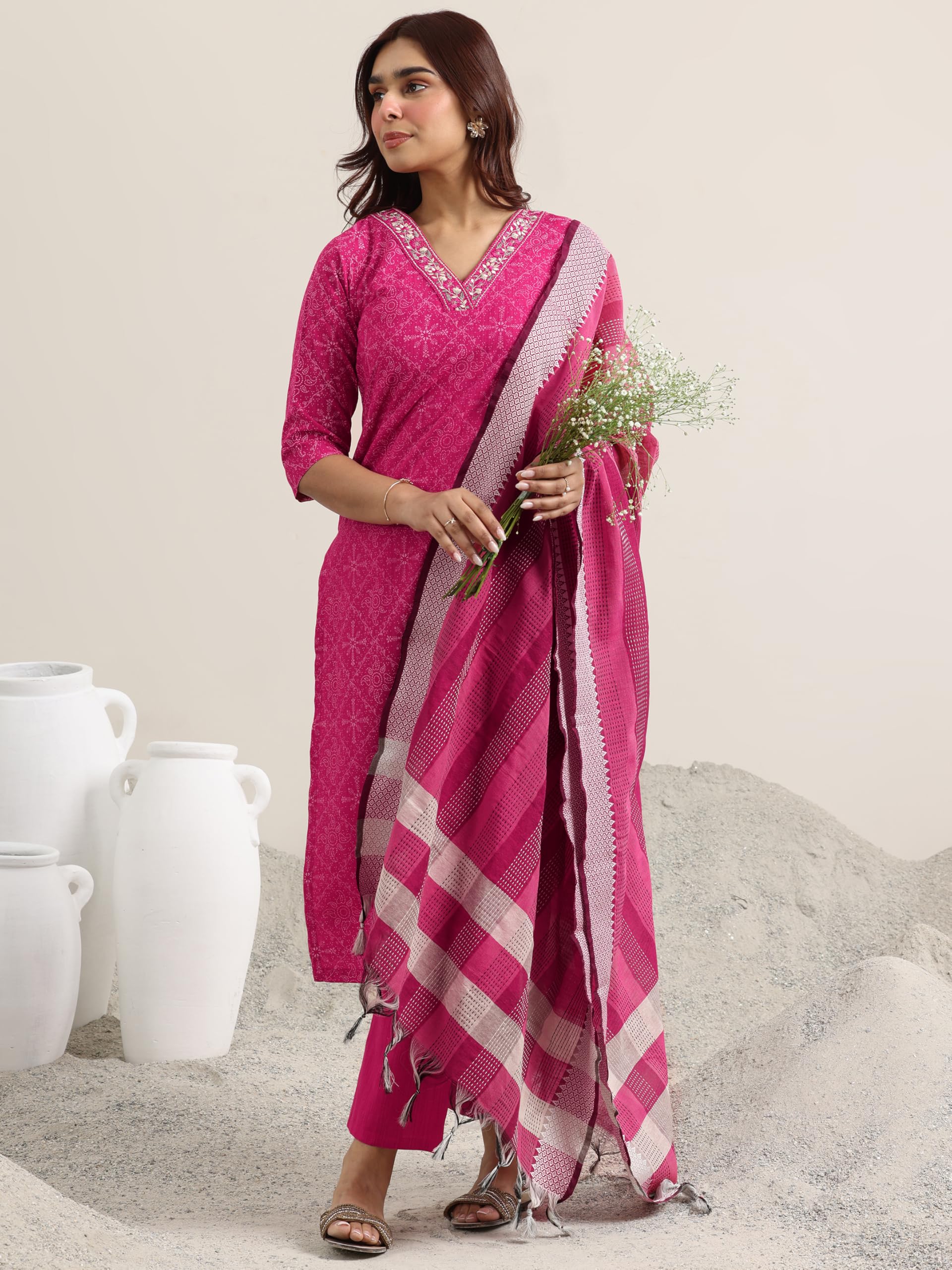 Libas WomenS Cotton Blend Kurta Set (400386_Pink