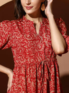 Kzully | Dress For Women | Midi Dress | Floral Printed | Polyester Fabric | Bell Sleeve Ethnic A-Line | Tiered Fit & Flare | Cas