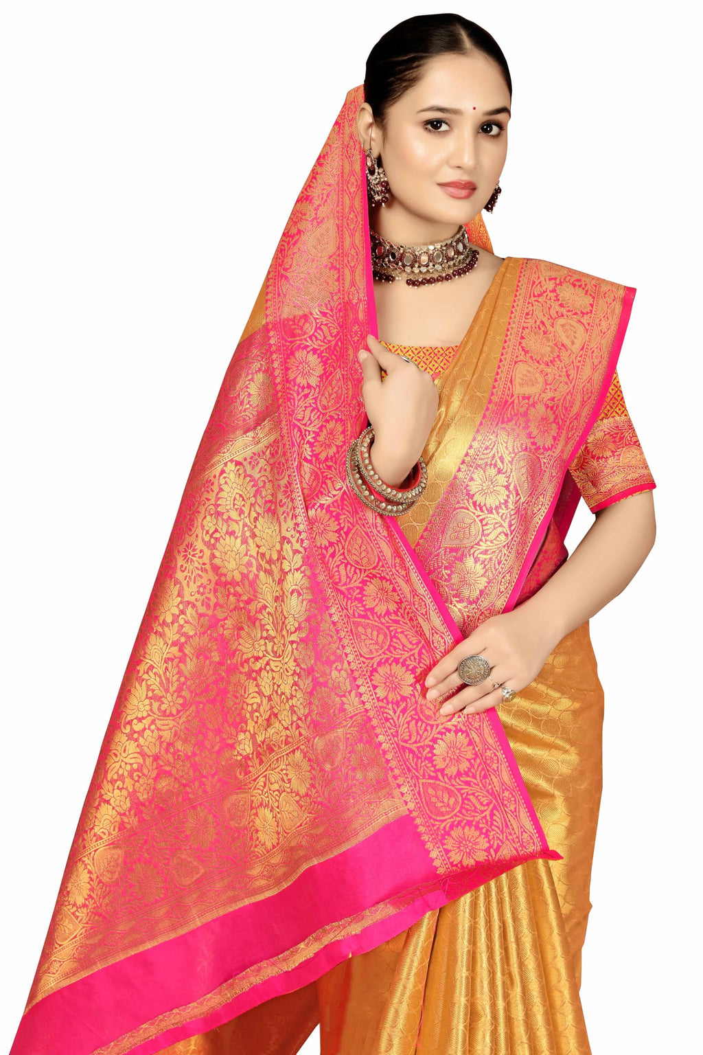 Sugathari WomenS Gold And Pink Kanjivaram Banarasi Silk Saree For Patola Festival Wedding Silk With Rich Pallu Design Sarees Fo