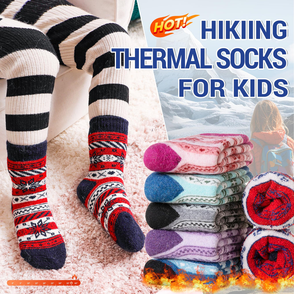 Eocom 6 Pairs Children's Winter Warm Wool Socks Kids Toddlers Boys Girls Thermal Thick Boot Cozy Crew Socks (8-12 Years, Snowfla