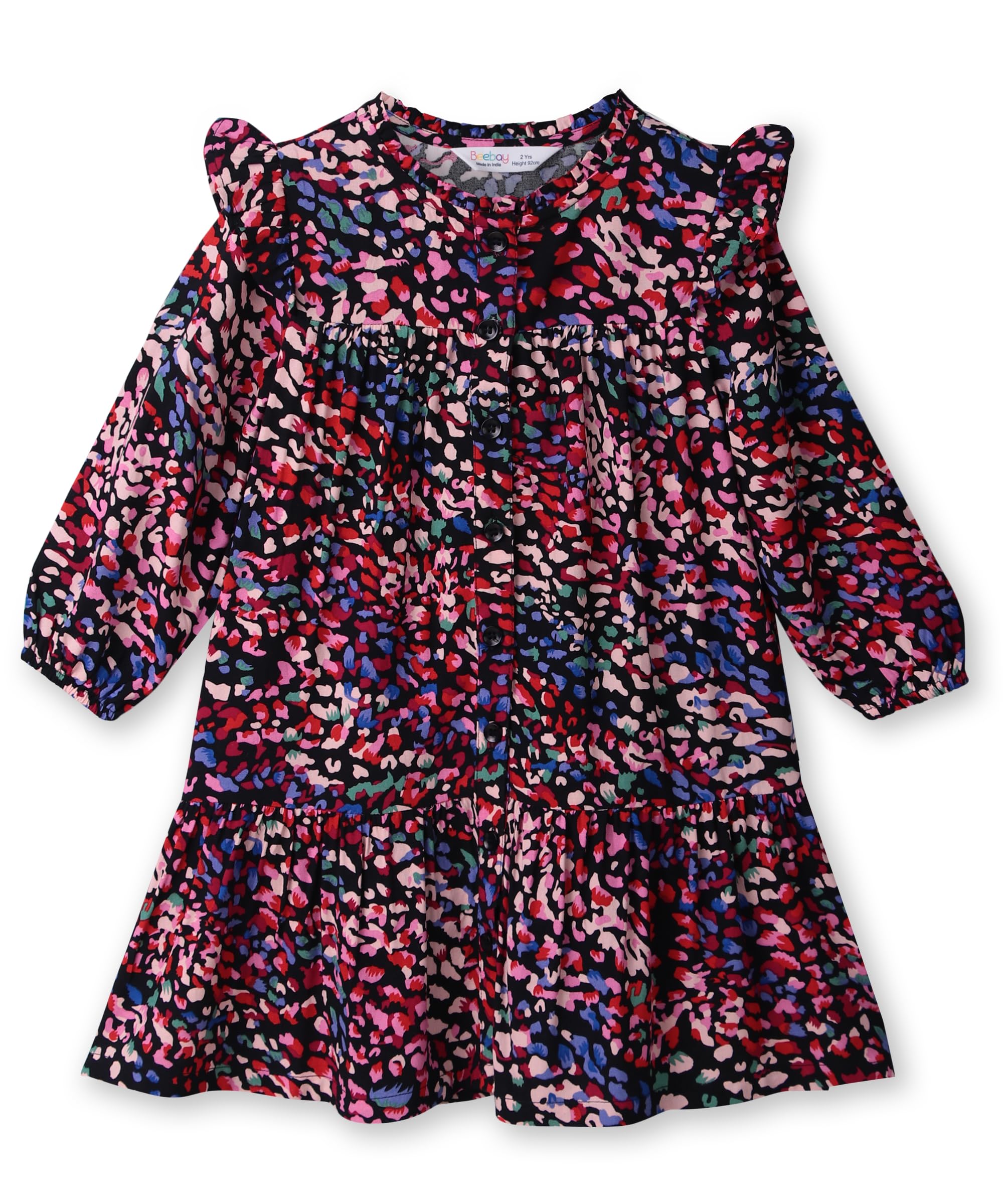 Button -through printed A-line dress BLACK