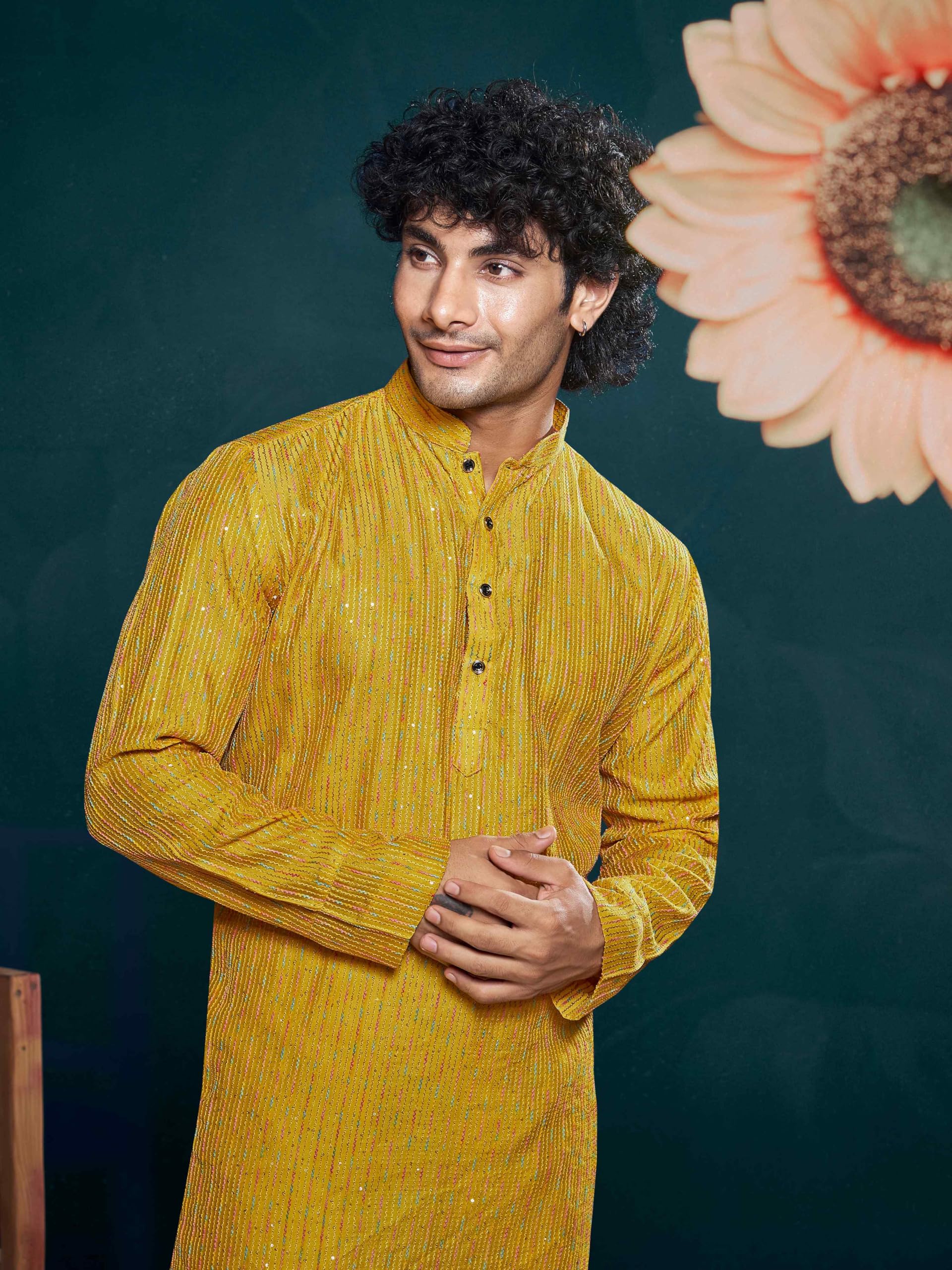 Vardha MenS Viscose Sequin Embellished Stitched Kurta, Yellow Pattern Thread Work Mandarin Collar Long Sleeves Straight Kurta,