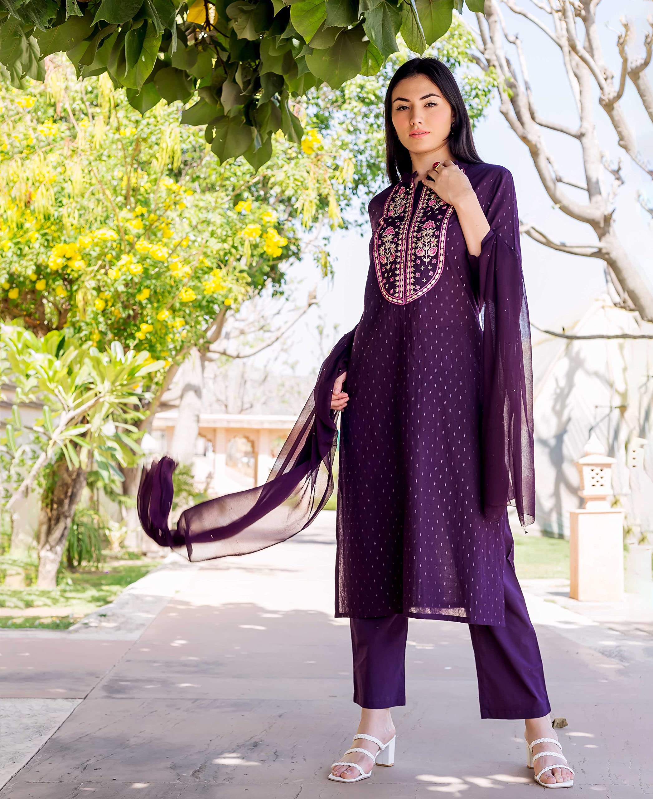 ANNI DESIGNER Womens Cotton Blend Straight Printed Kurta with Pant & Dupatta (RAJI-BEGANI_XXL_Purple_XX-Large)