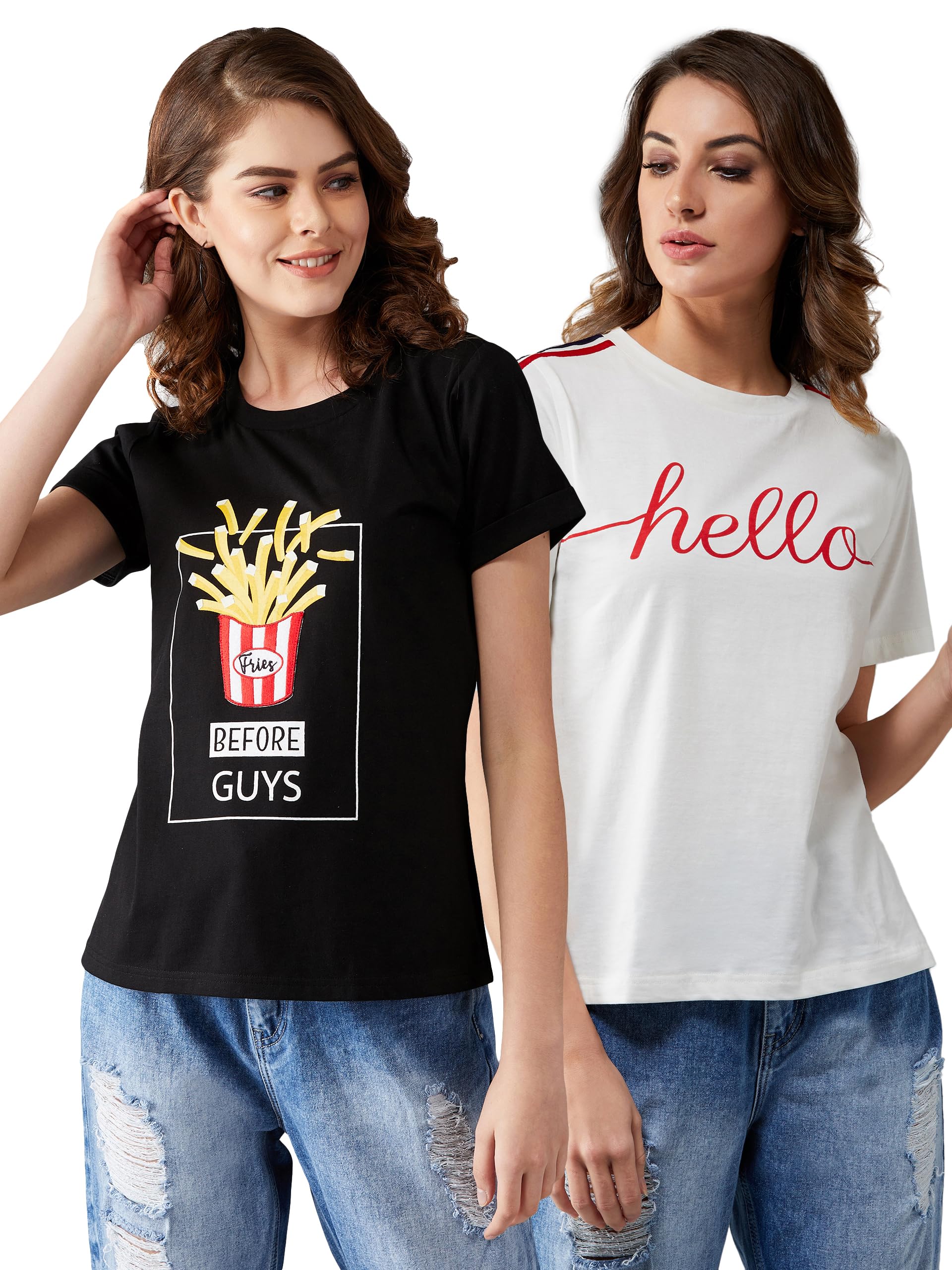 Miss Chase WomenS Cotton Knitted Regular Length Pack Of Two Printed Basic T-Shirt. (Mcss20Co04-23-98-02, White & Black, Xs)